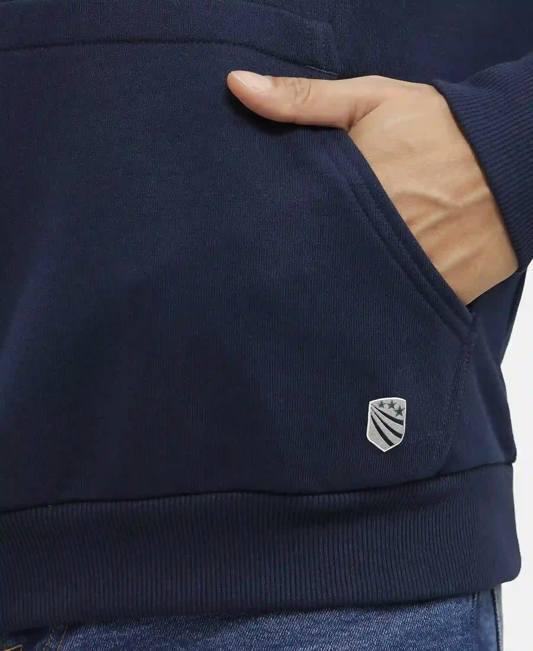 Super Combed Cotton Rich French Terry Hoodie Sweatshirt with Ribbed Cuffs - Navy - Image 7