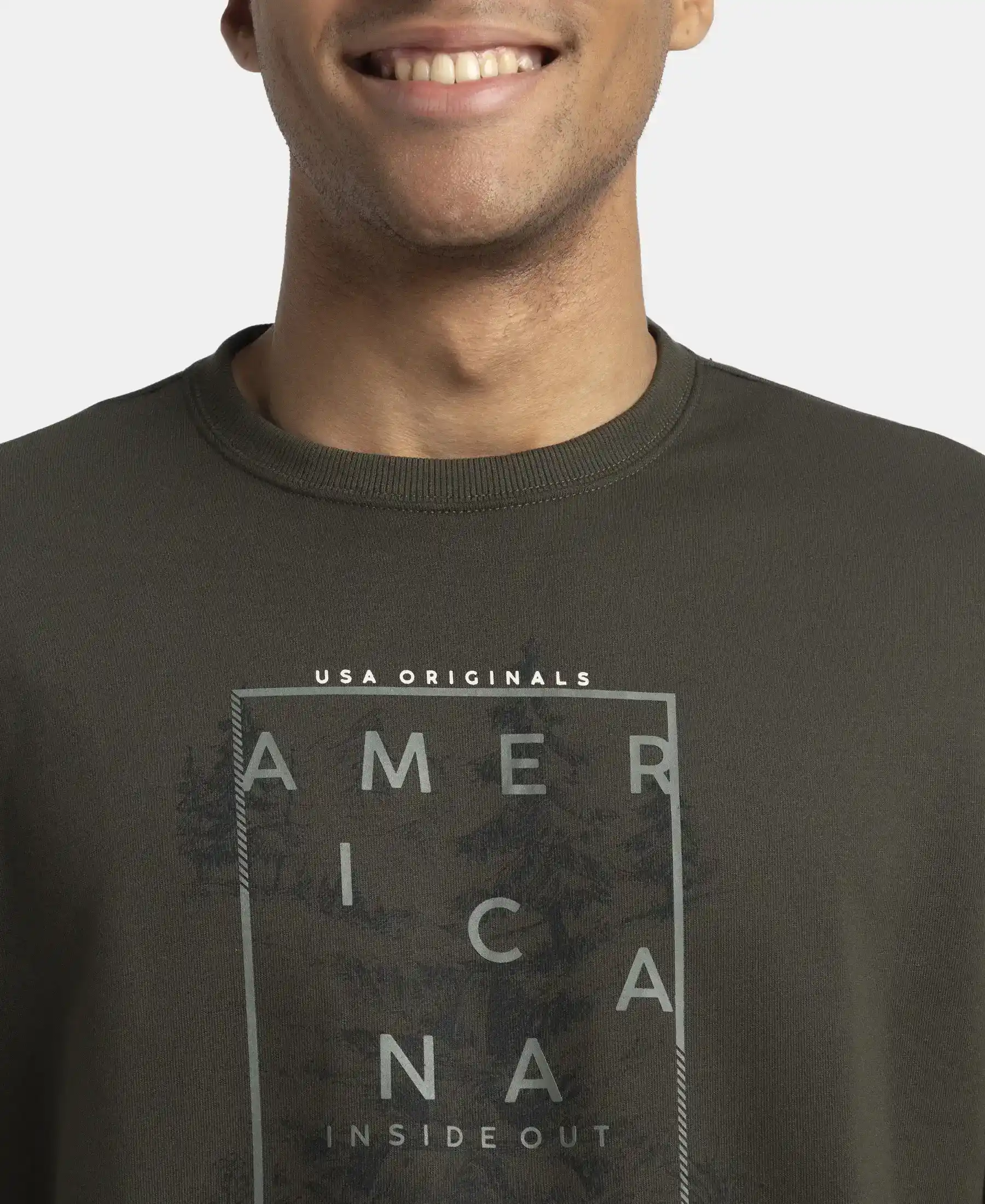 Super Combed Cotton Rich French Terry Printed Sweatshirt with Ribbed Cuffs - Deep Olive - Image 6