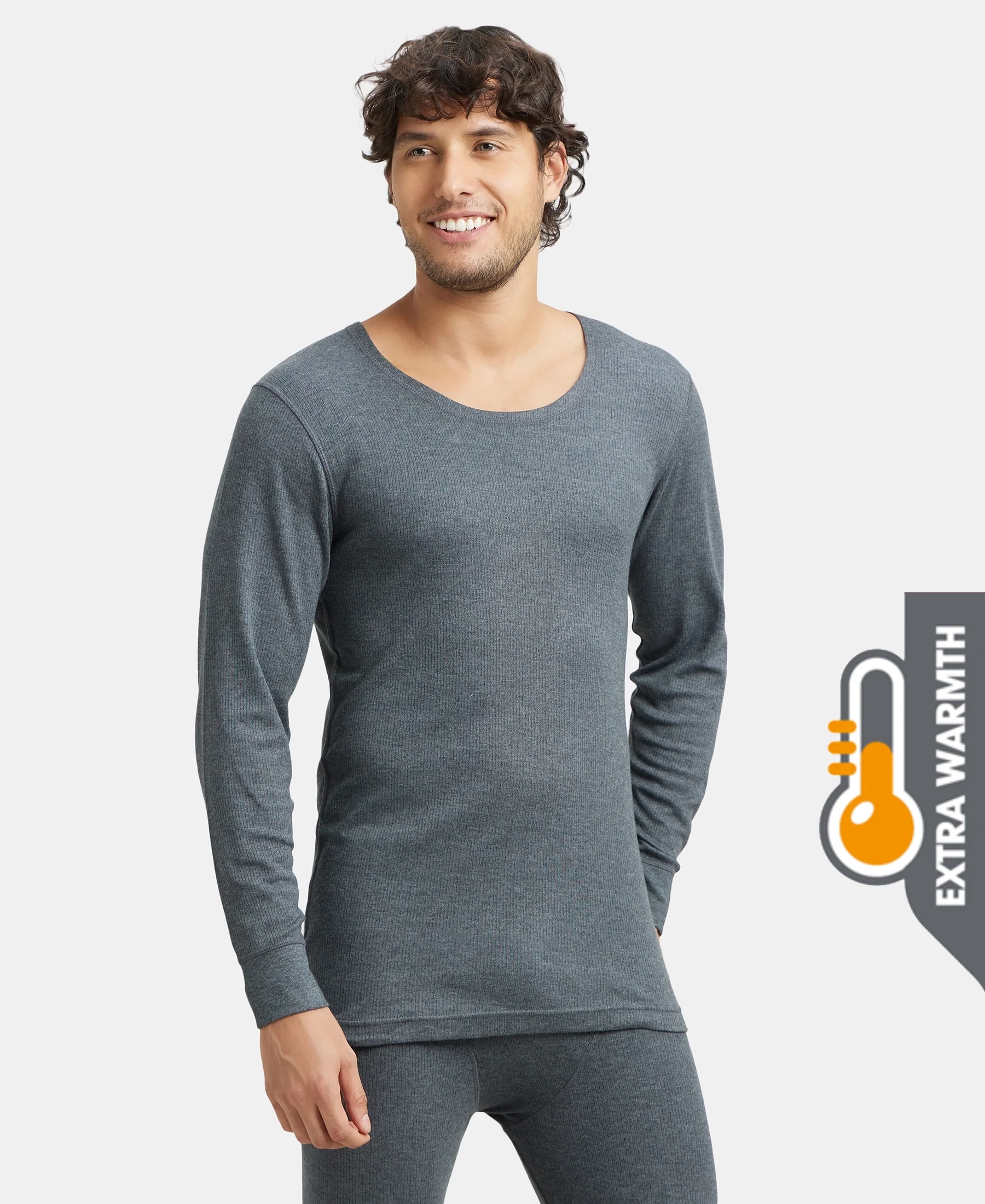 Extra Warmth Super Combed Cotton Rich Full Sleeve Thermal Undershirt with StayWarm Technology - Charcoal Melange - Image 5