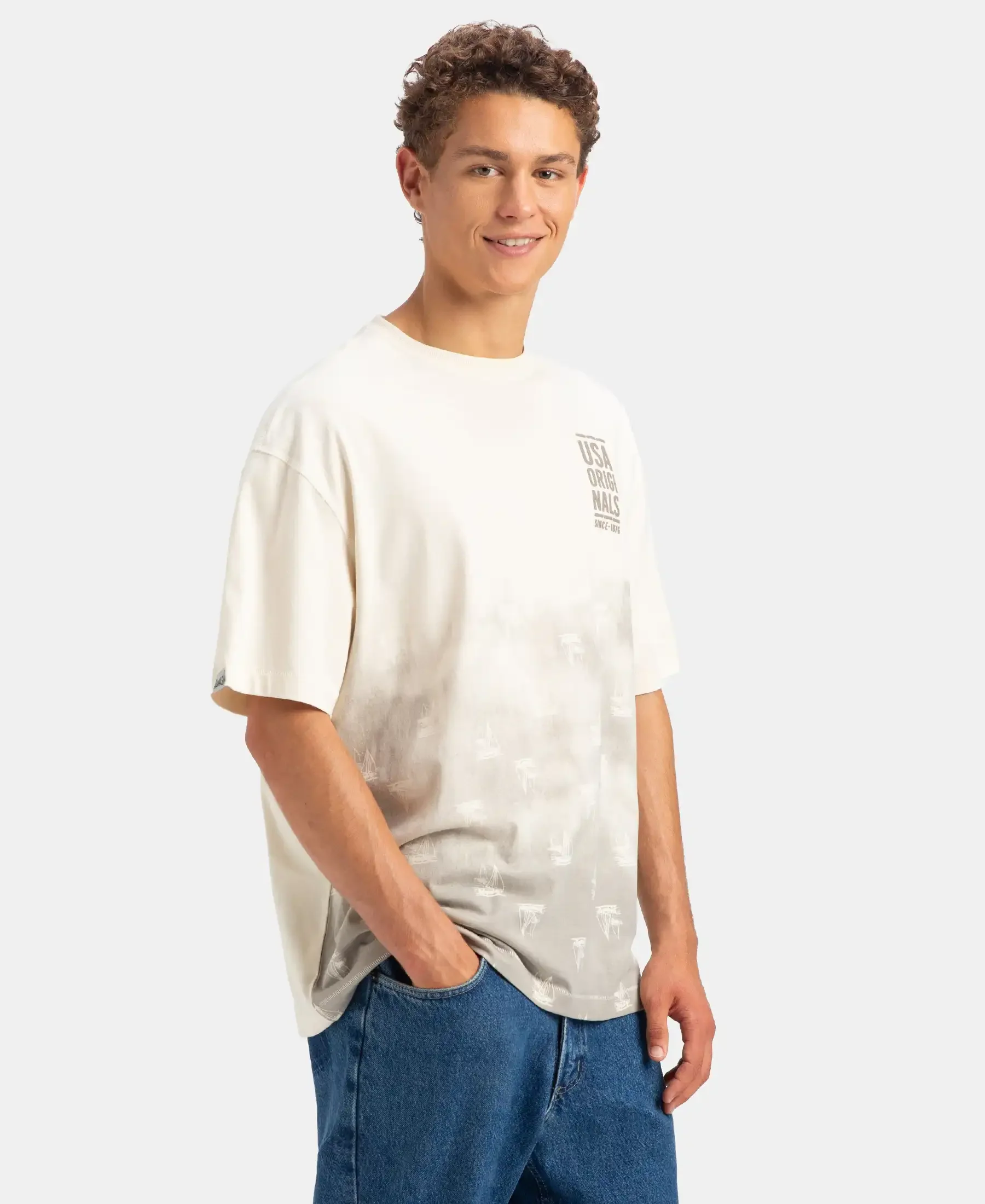 Super Combed Cotton Rich Graphic Printed Oversized T-Shirt - Almond Milk USA - Image 2
