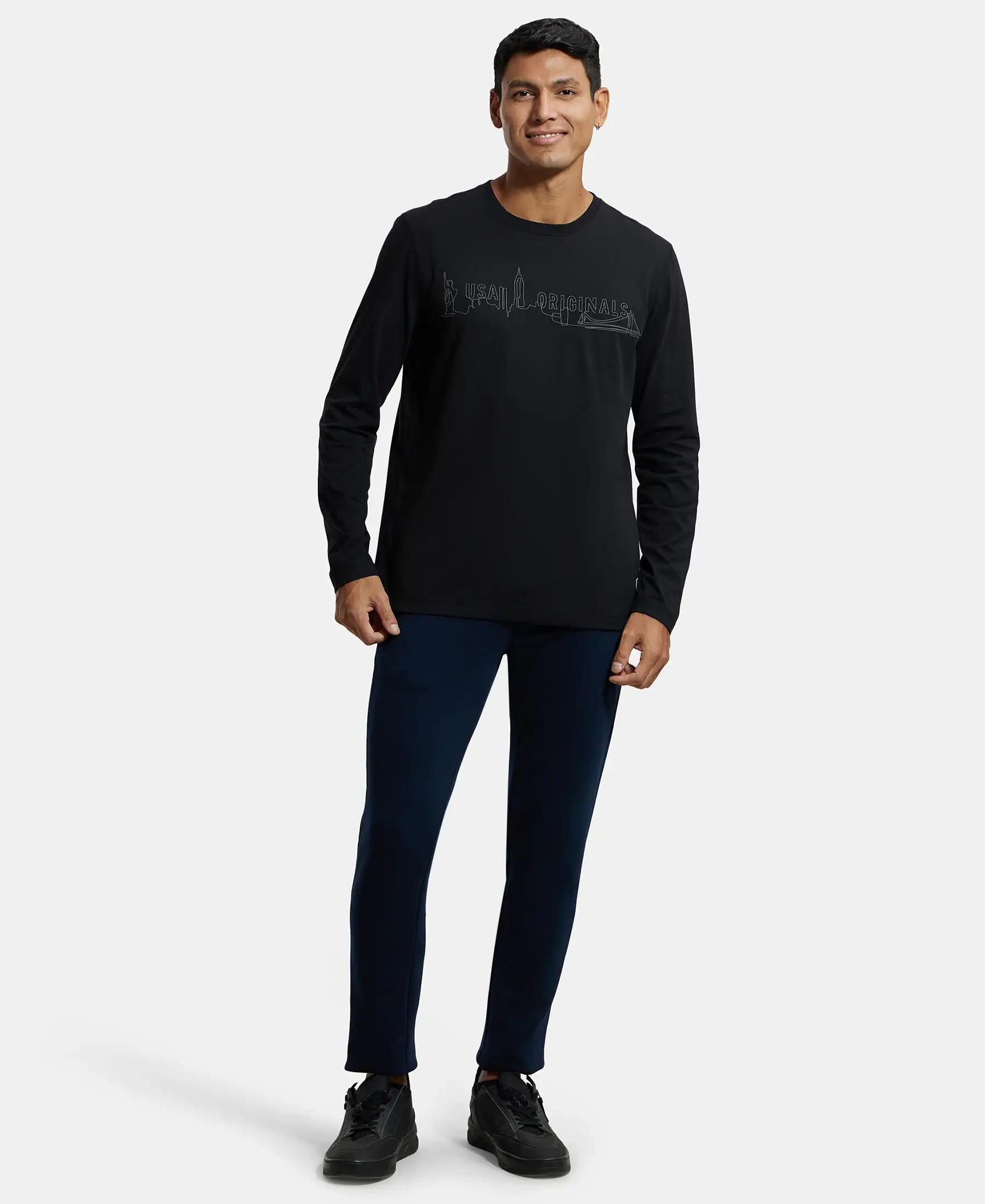 Super Combed Cotton Rich Graphic Printed Round Neck Full Sleeve T-Shirt - Black - Image 4