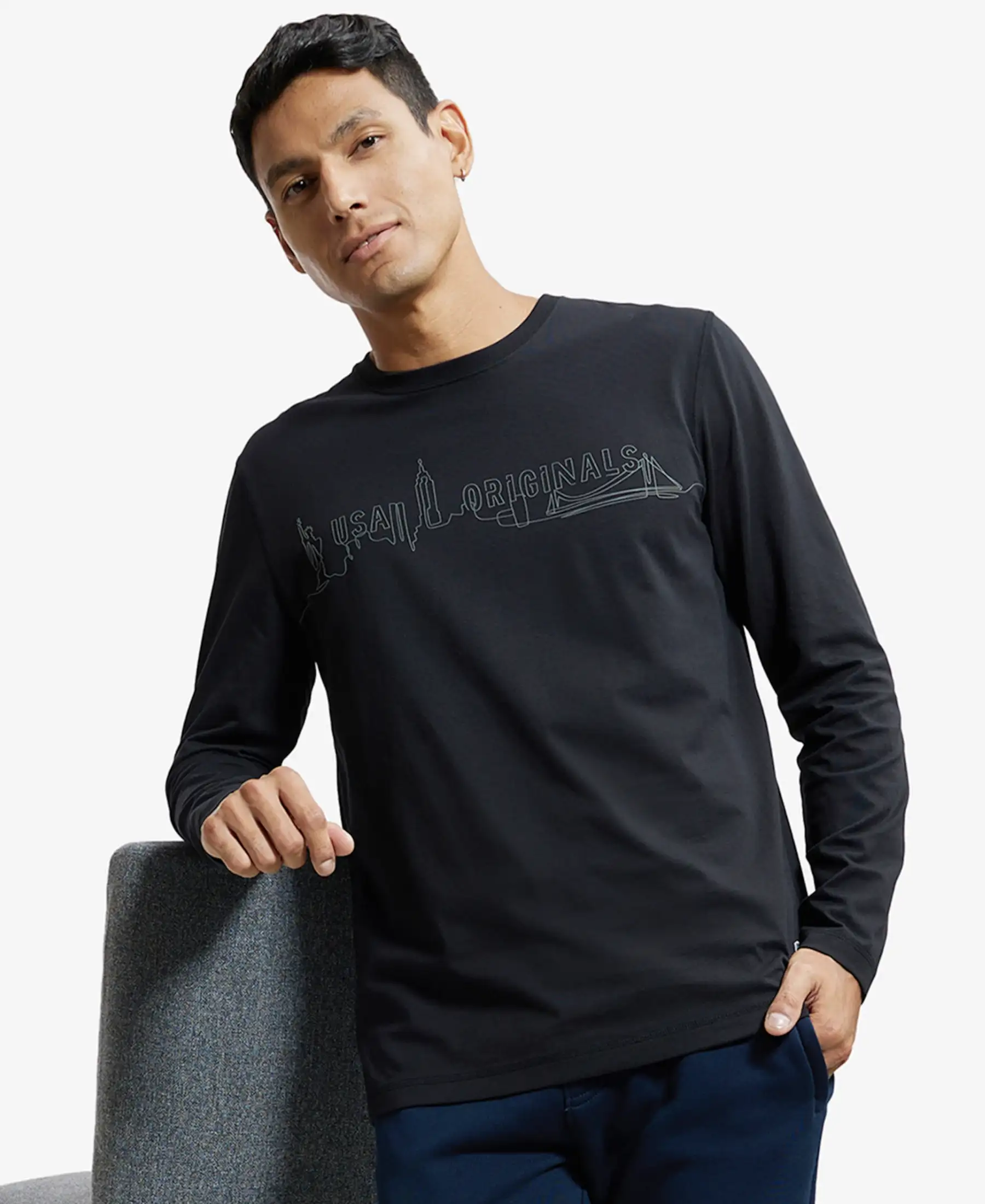 Super Combed Cotton Rich Graphic Printed Round Neck Full Sleeve T-Shirt - Black - Image 5
