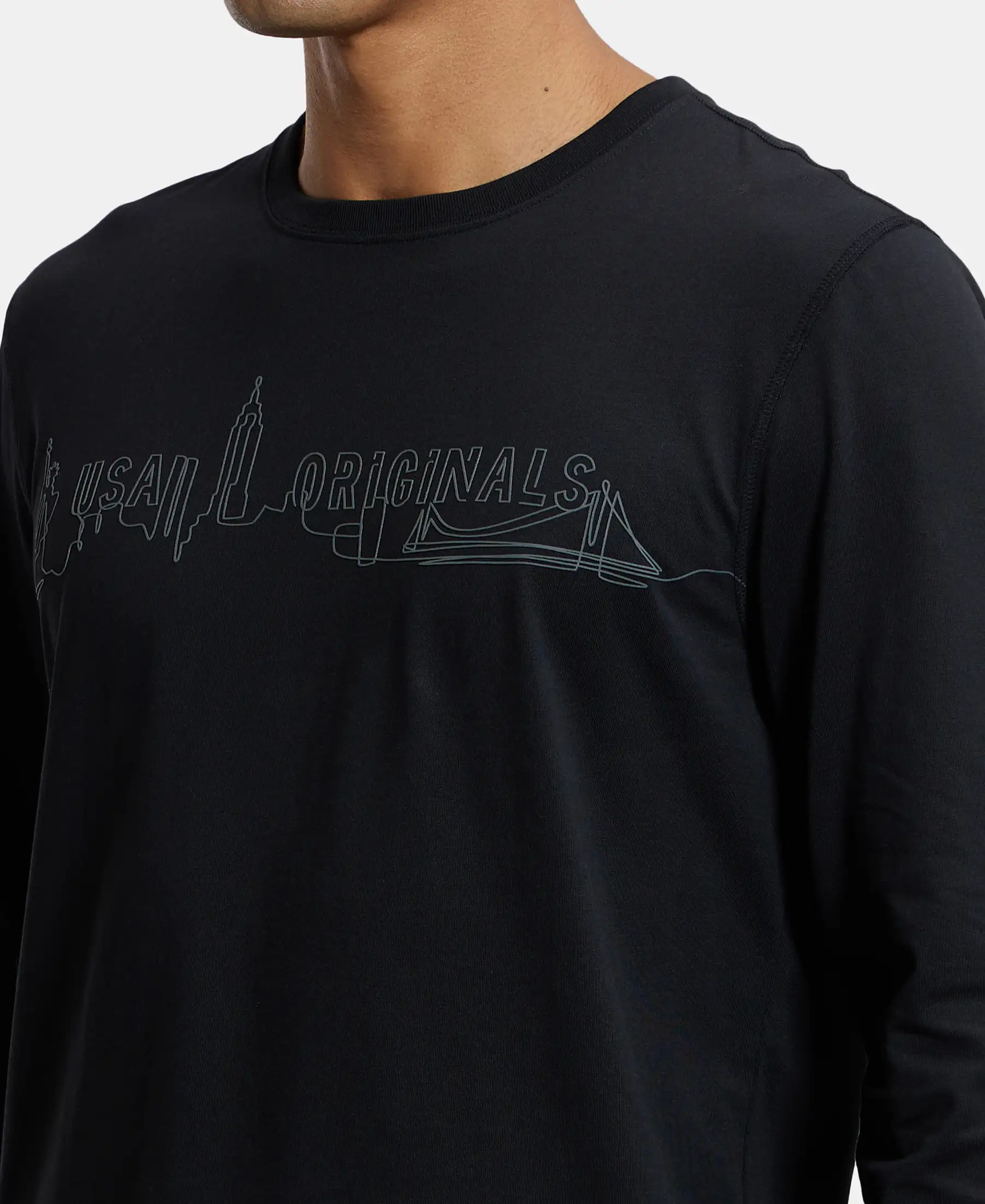 Super Combed Cotton Rich Graphic Printed Round Neck Full Sleeve T-Shirt - Black - Image 6