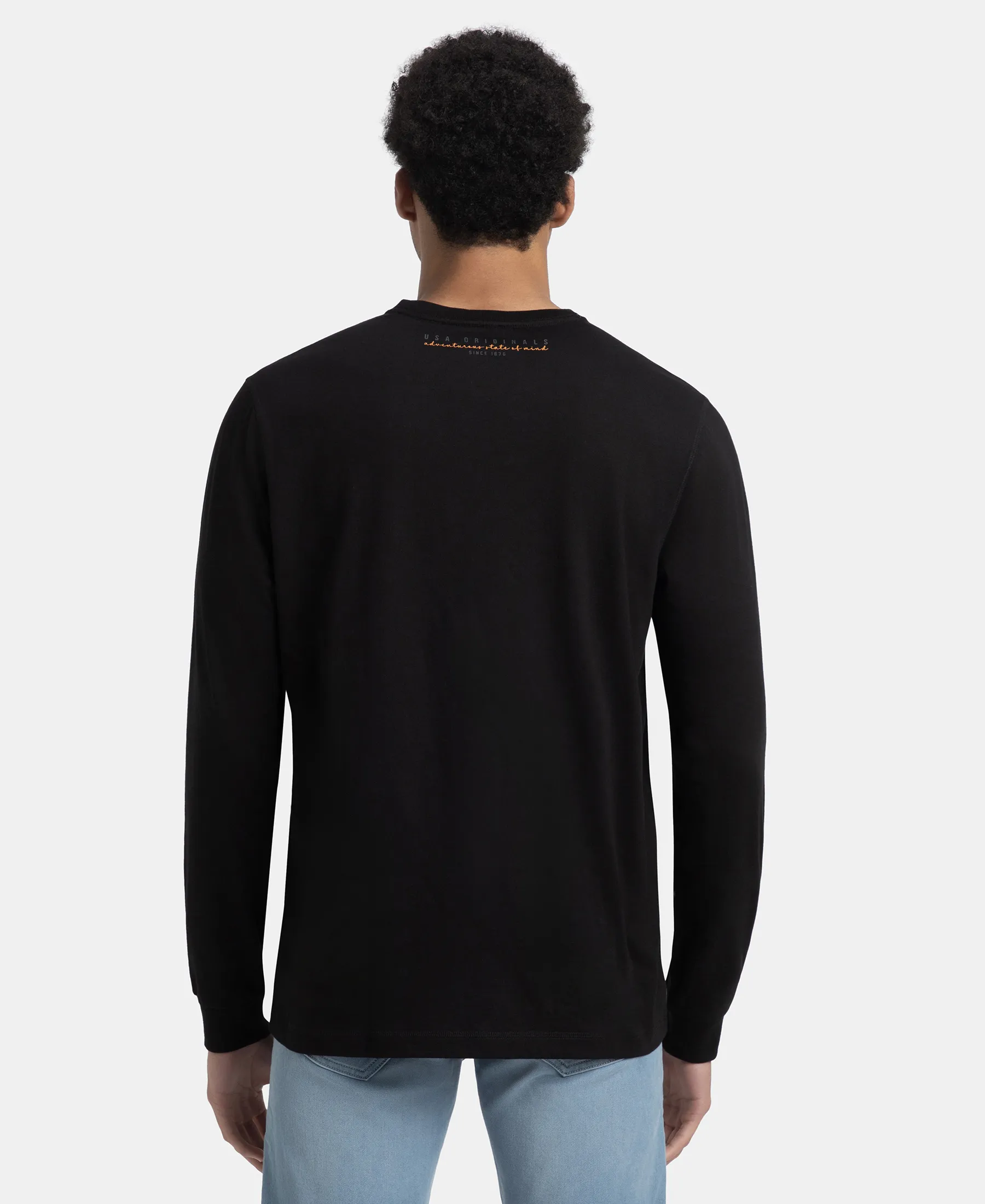 Super Combed Cotton Rich Graphic Printed Round Neck Full Sleeve T-Shirt - Black USA - Image 3
