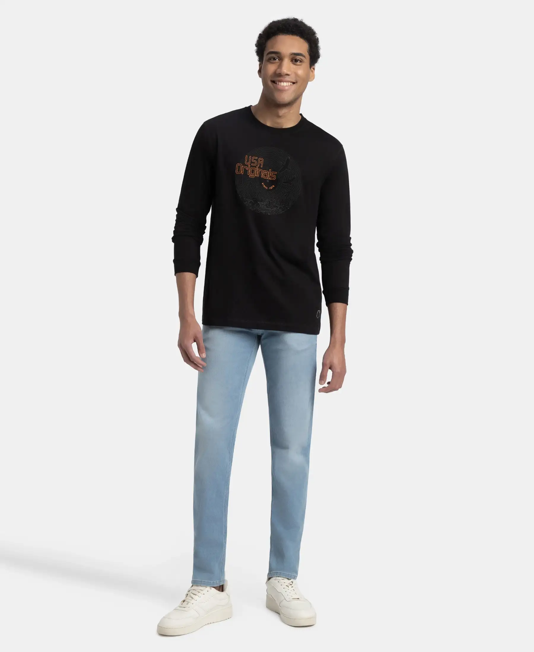 Super Combed Cotton Rich Graphic Printed Round Neck Full Sleeve T-Shirt - Black USA - Image 4