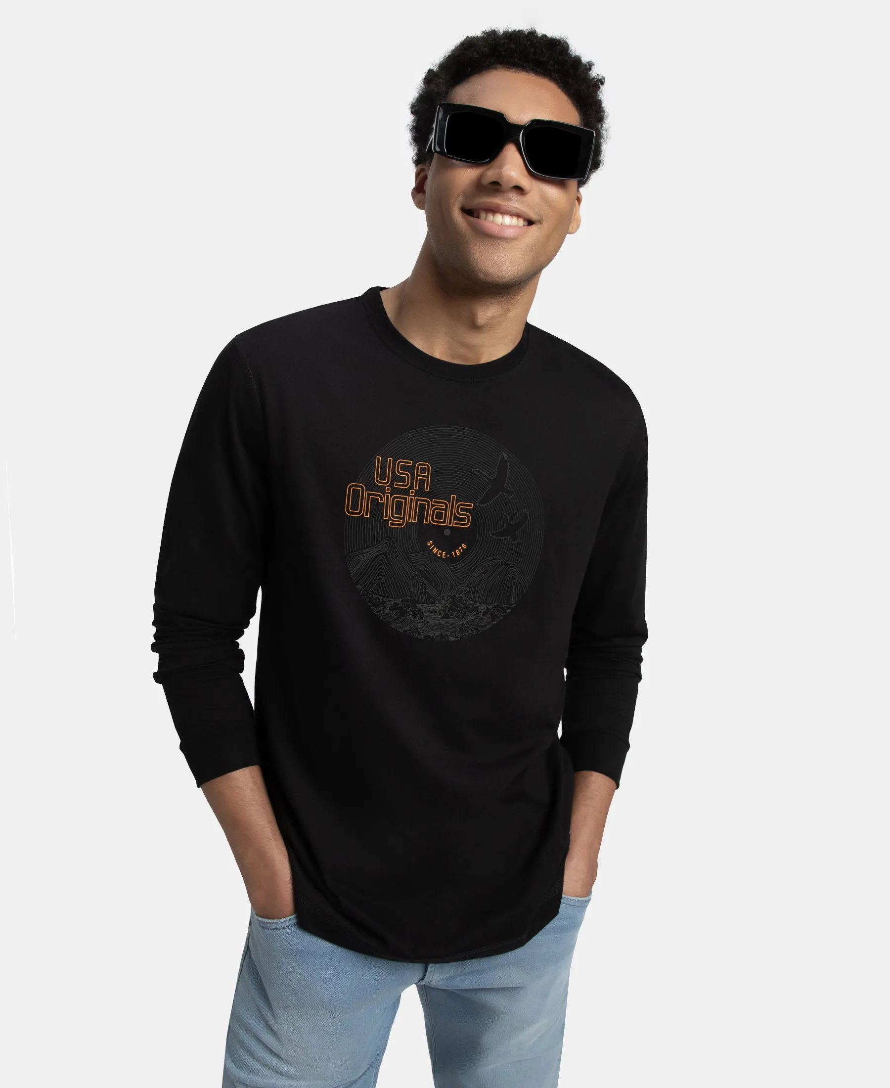 Super Combed Cotton Rich Graphic Printed Round Neck Full Sleeve T-Shirt - Black USA - Image 5