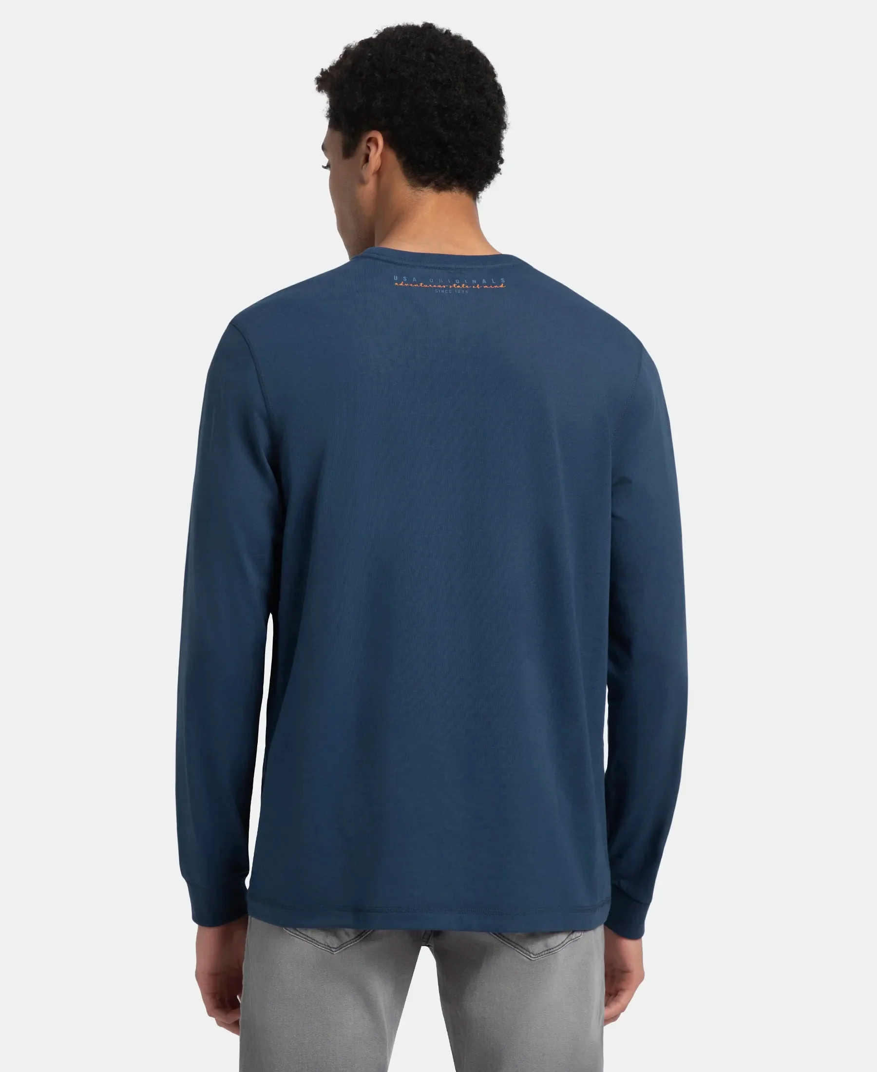 Super Combed Cotton Rich Graphic Printed Round Neck Full Sleeve T-Shirt - Insignia Blue USA - Image 3