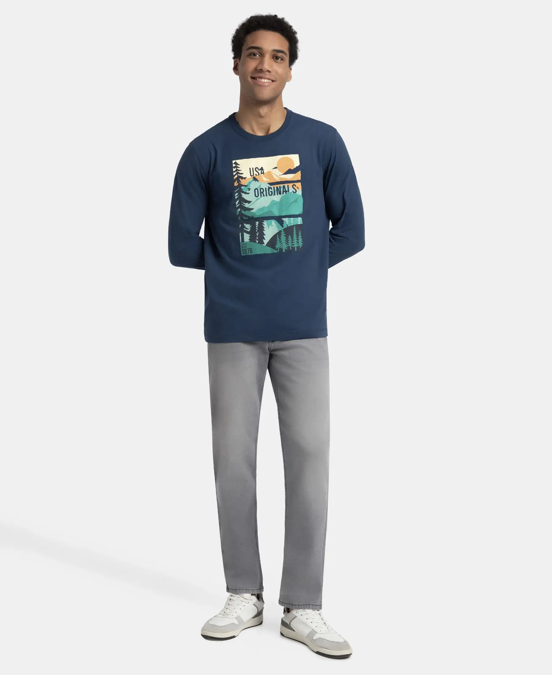 Super Combed Cotton Rich Graphic Printed Round Neck Full Sleeve T-Shirt - Insignia Blue USA - Image 4
