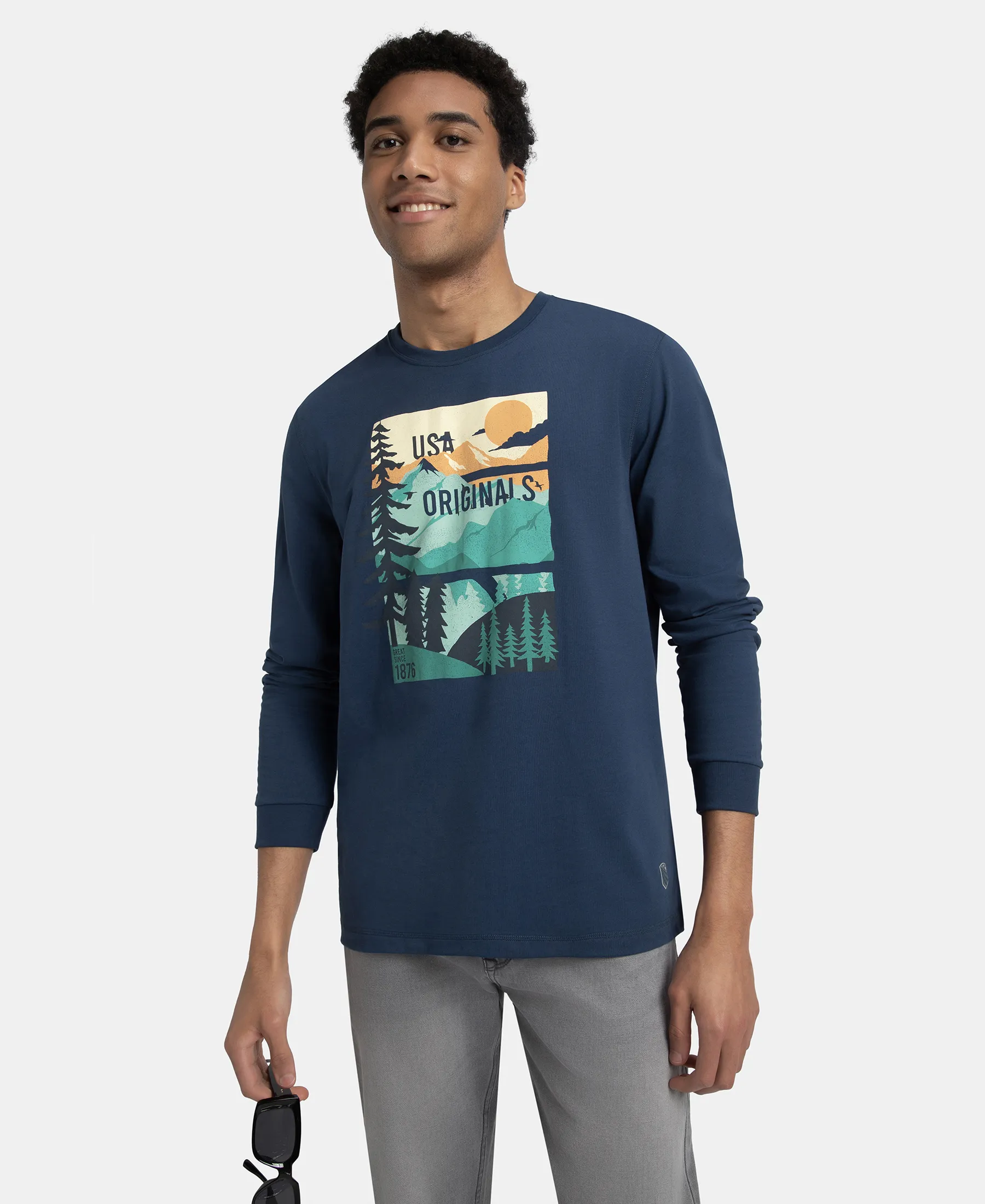 Super Combed Cotton Rich Graphic Printed Round Neck Full Sleeve T-Shirt - Insignia Blue USA - Image 5