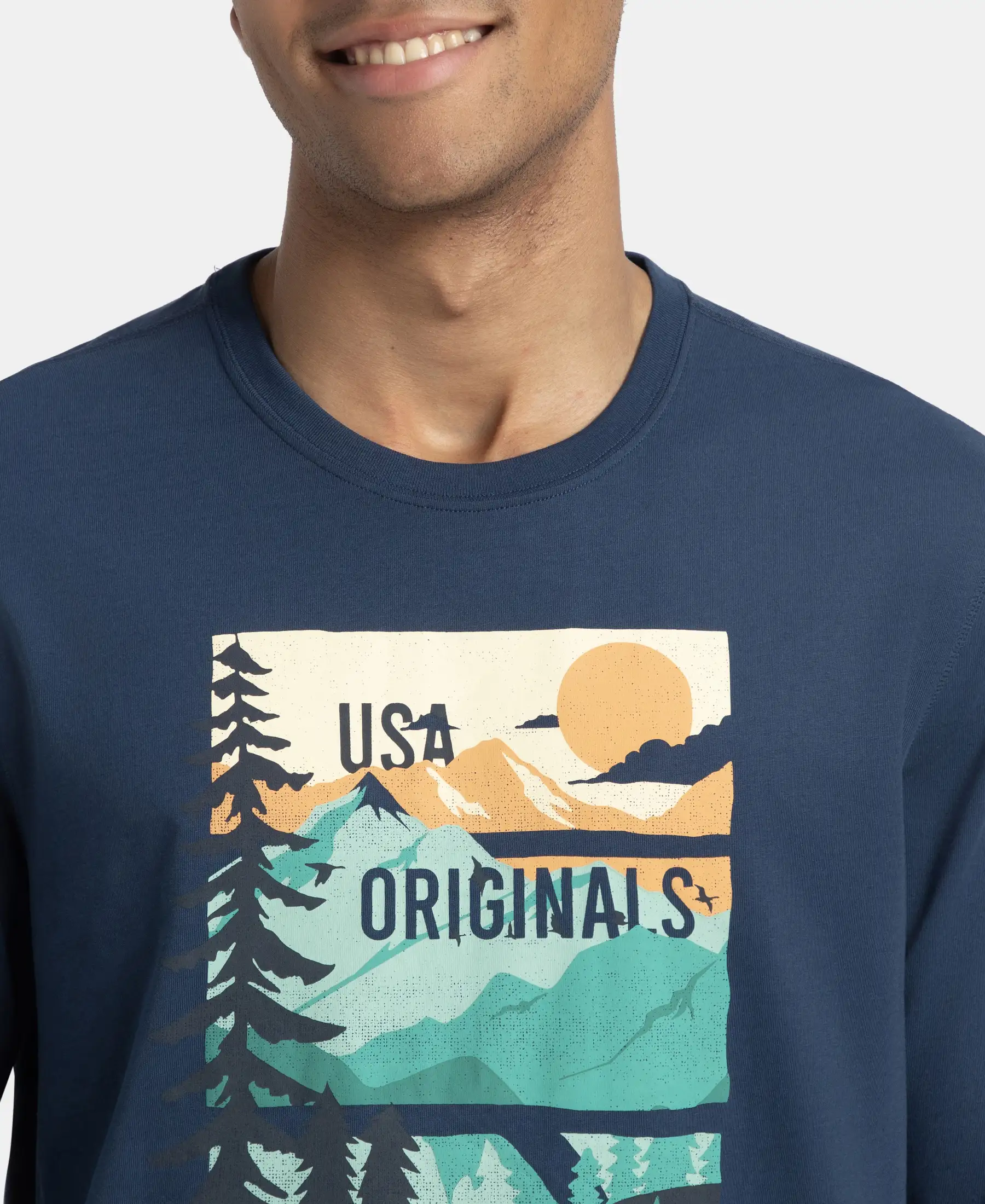 Super Combed Cotton Rich Graphic Printed Round Neck Full Sleeve T-Shirt - Insignia Blue USA - Image 6