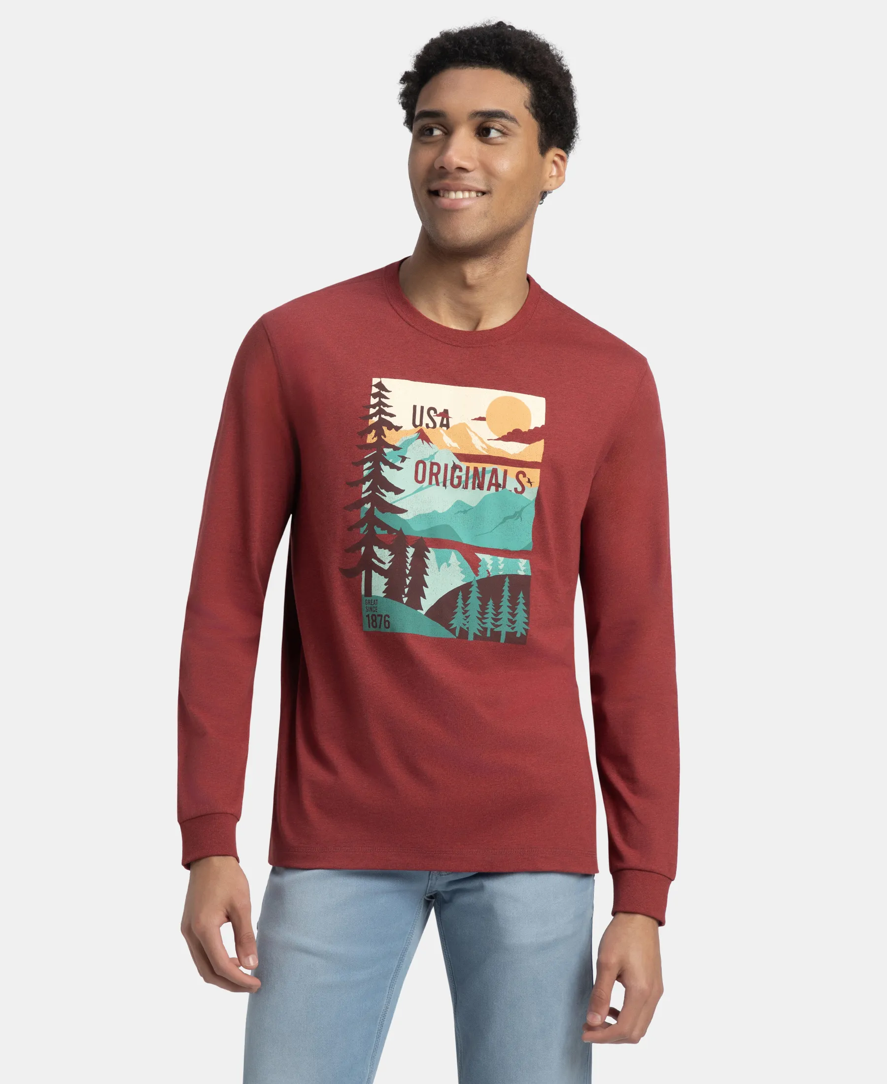 Super Combed Cotton Rich Graphic Printed Round Neck Full Sleeve T-Shirt - Red Melange USA