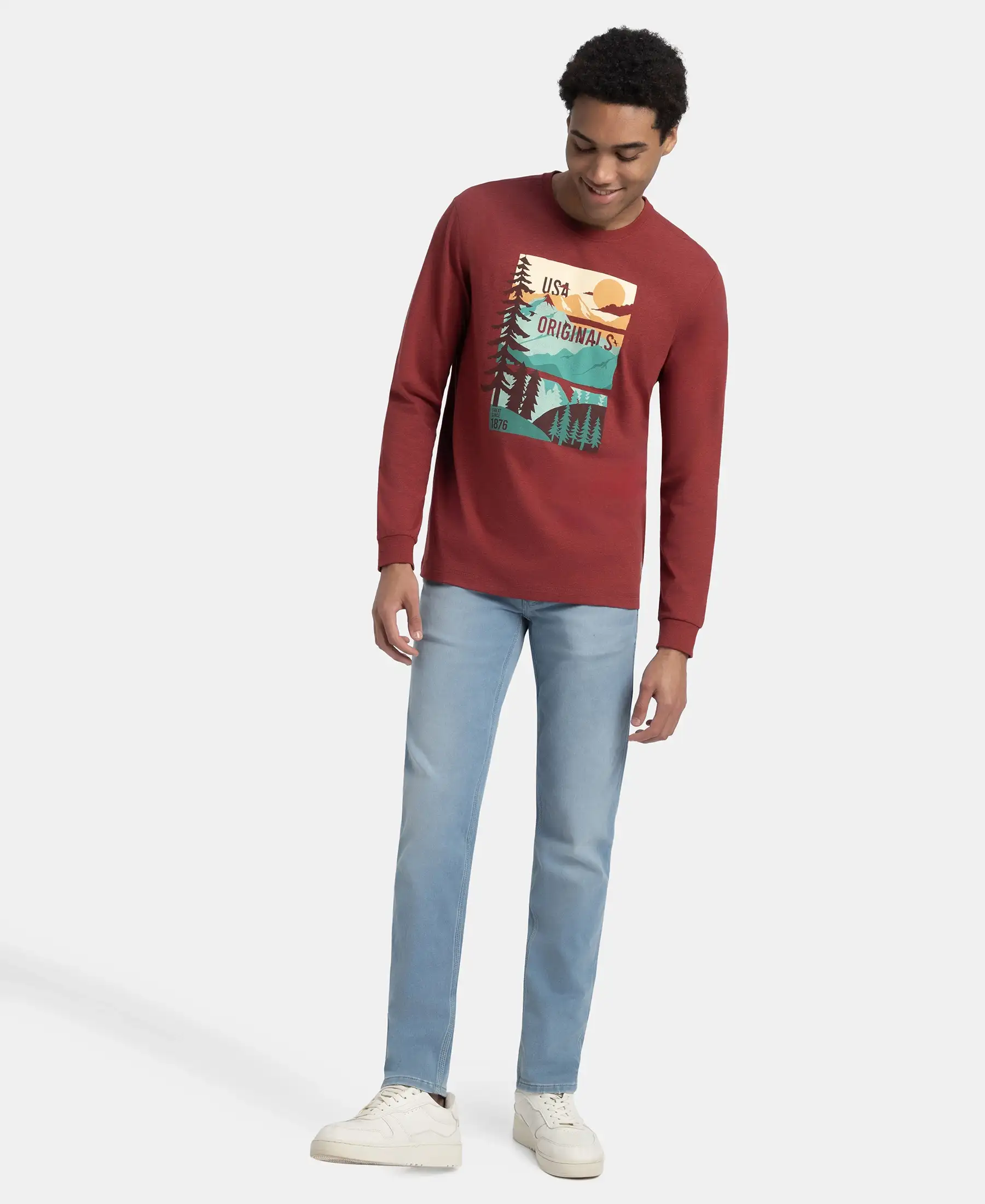 Super Combed Cotton Rich Graphic Printed Round Neck Full Sleeve T-Shirt - Red Melange USA - Image 4