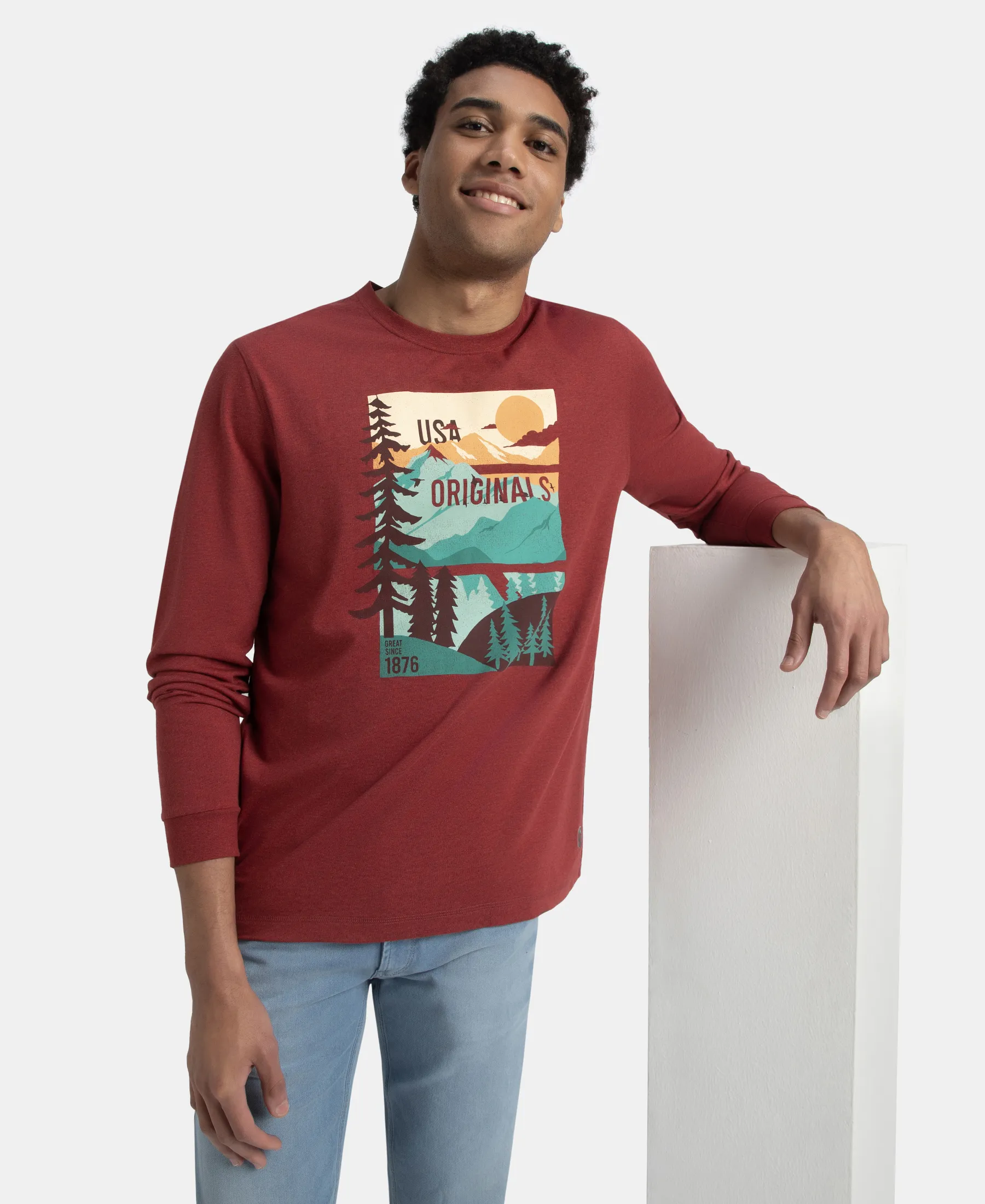 Super Combed Cotton Rich Graphic Printed Round Neck Full Sleeve T-Shirt - Red Melange USA - Image 5