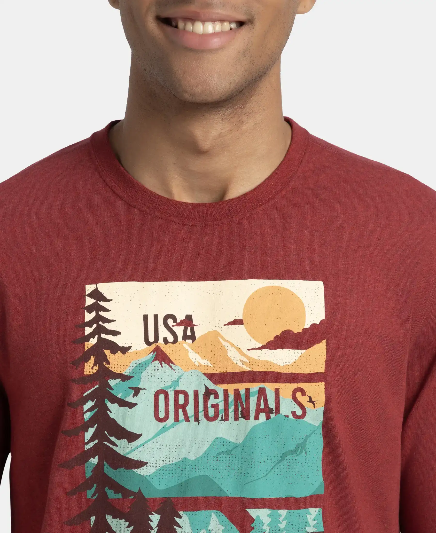 Super Combed Cotton Rich Graphic Printed Round Neck Full Sleeve T-Shirt - Red Melange USA - Image 6