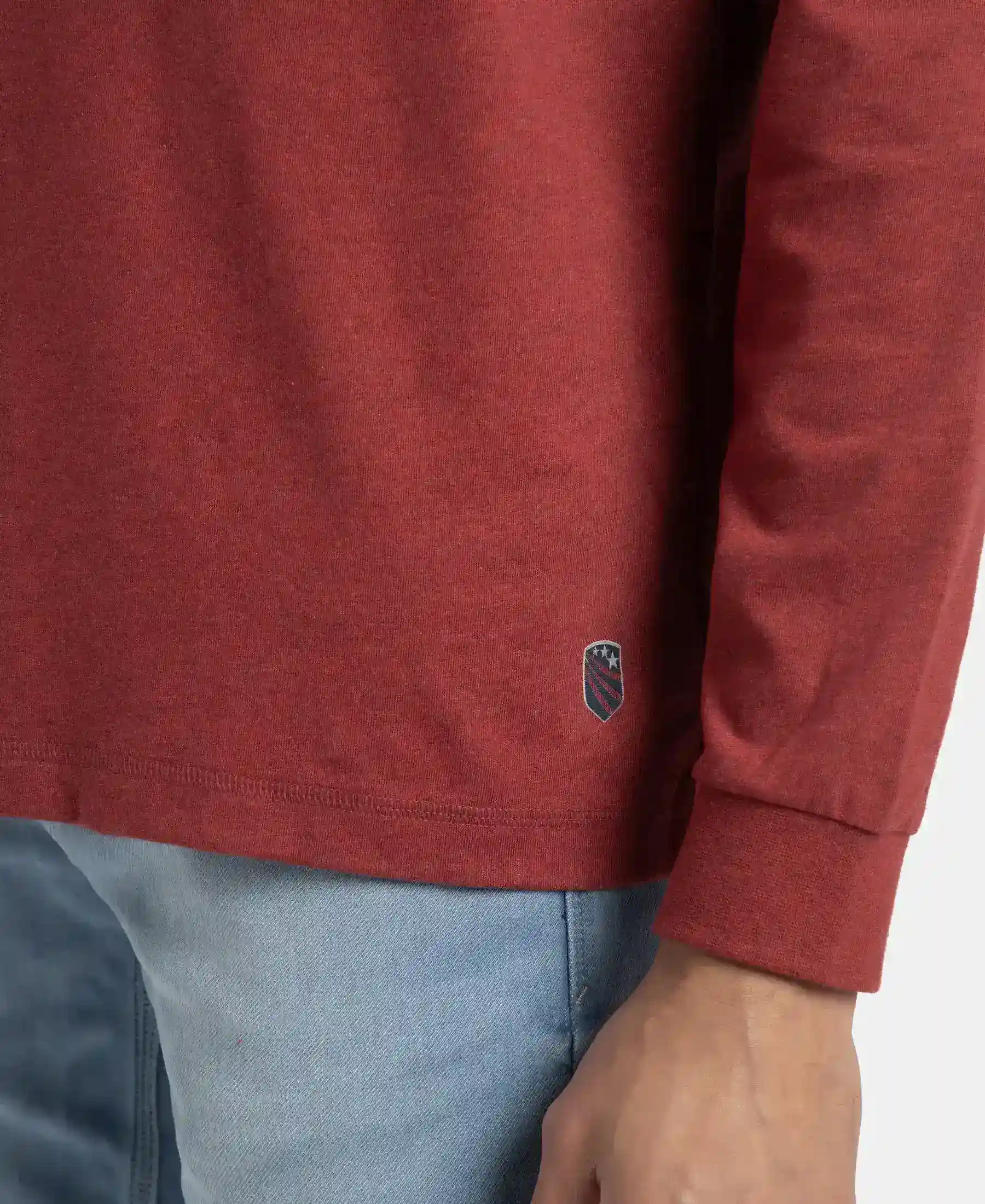 Super Combed Cotton Rich Graphic Printed Round Neck Full Sleeve T-Shirt - Red Melange USA - Image 8