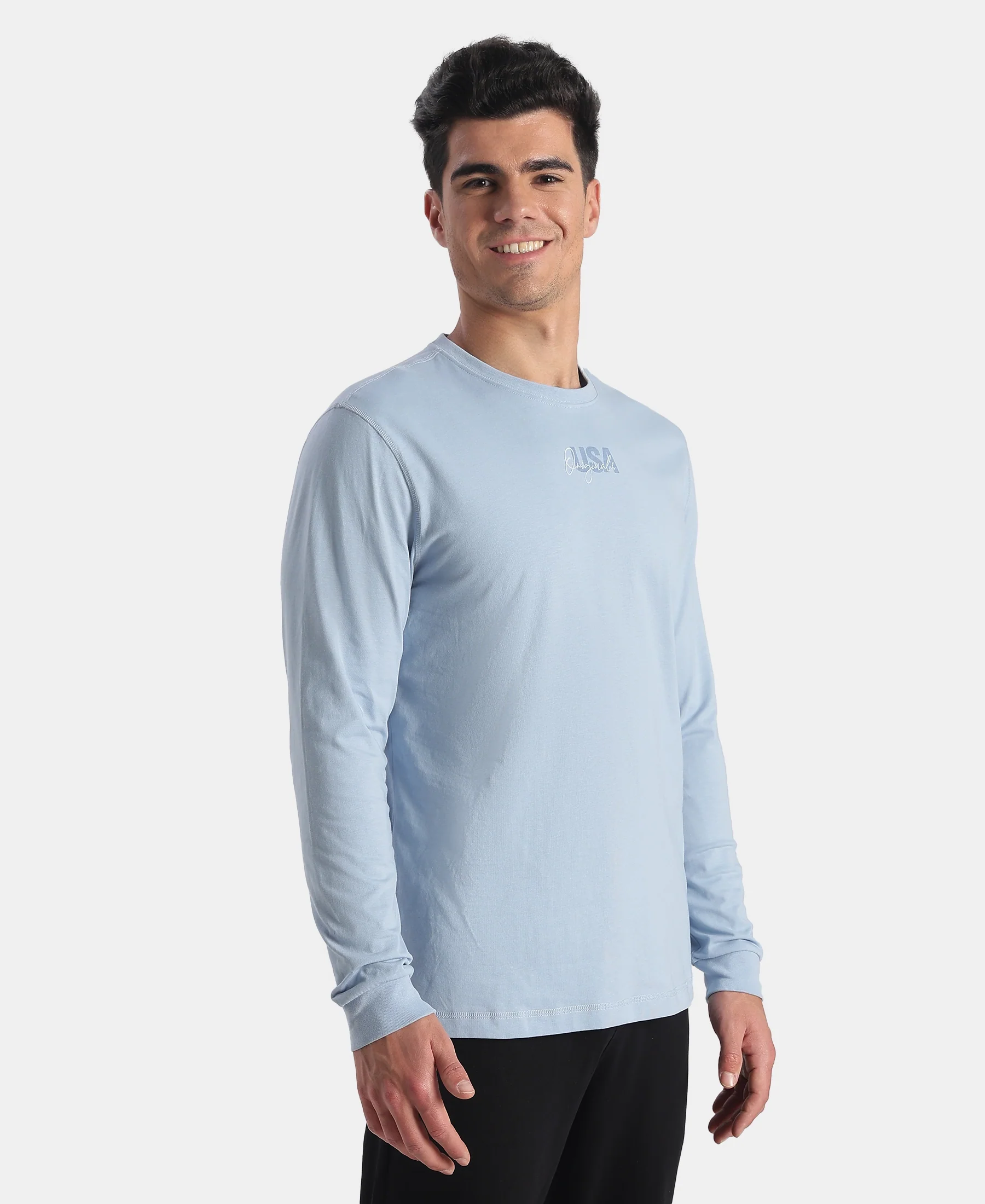 Super Combed Cotton Rich Graphic Printed Round Neck Full Sleeve T-Shirt - Soft Chambray - Image 2