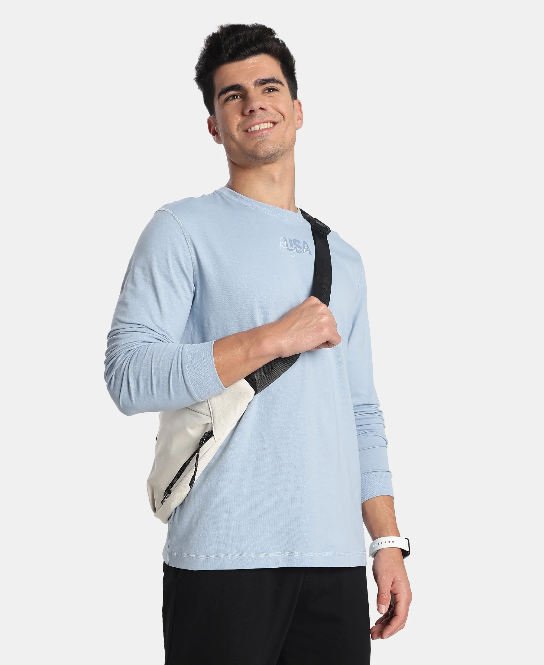 Super Combed Cotton Rich Graphic Printed Round Neck Full Sleeve T-Shirt - Soft Chambray - Image 5