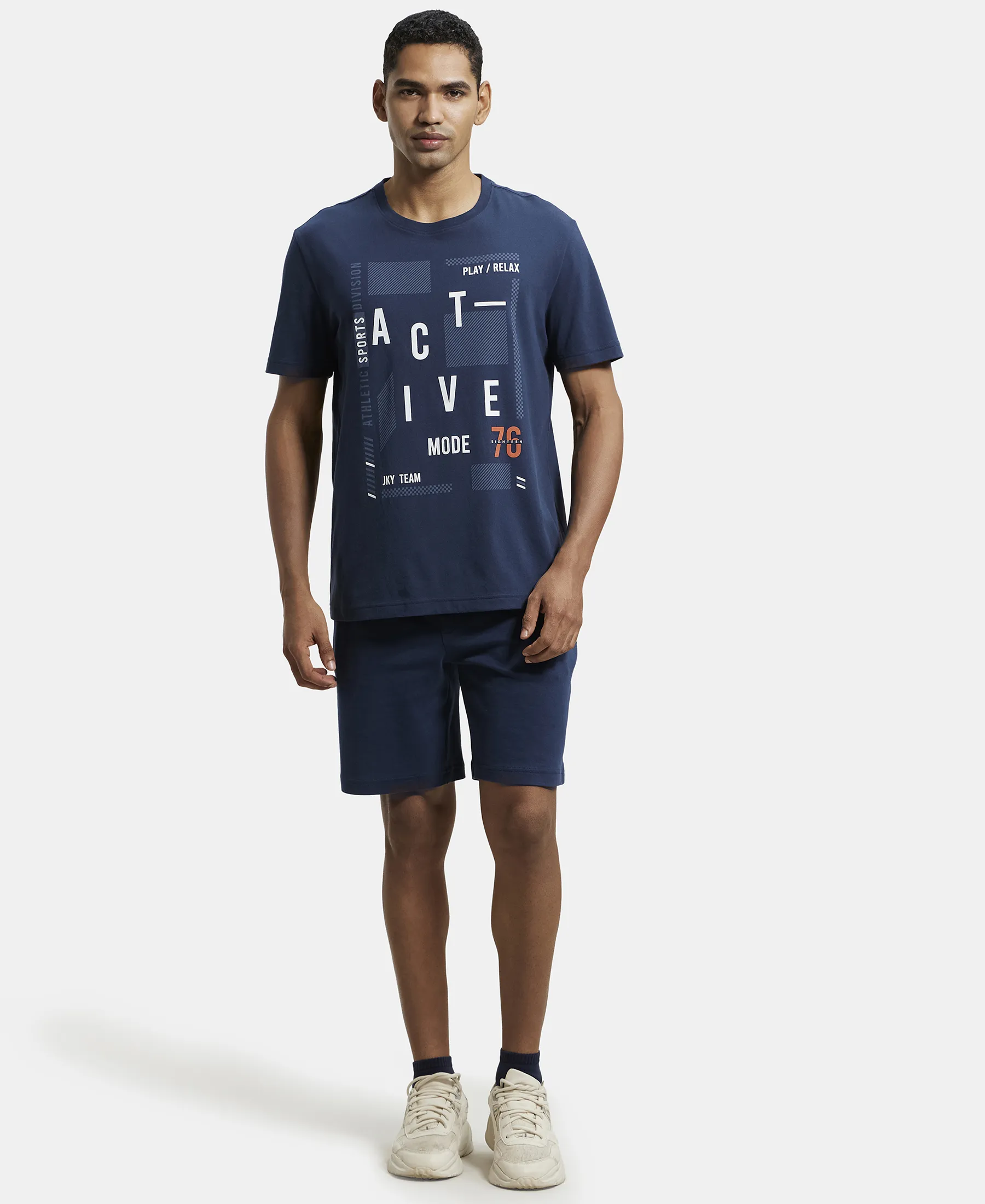 Super Combed Cotton Rich Graphic Printed Round Neck Half Sleeve T-Shirt - Navy - Image 4