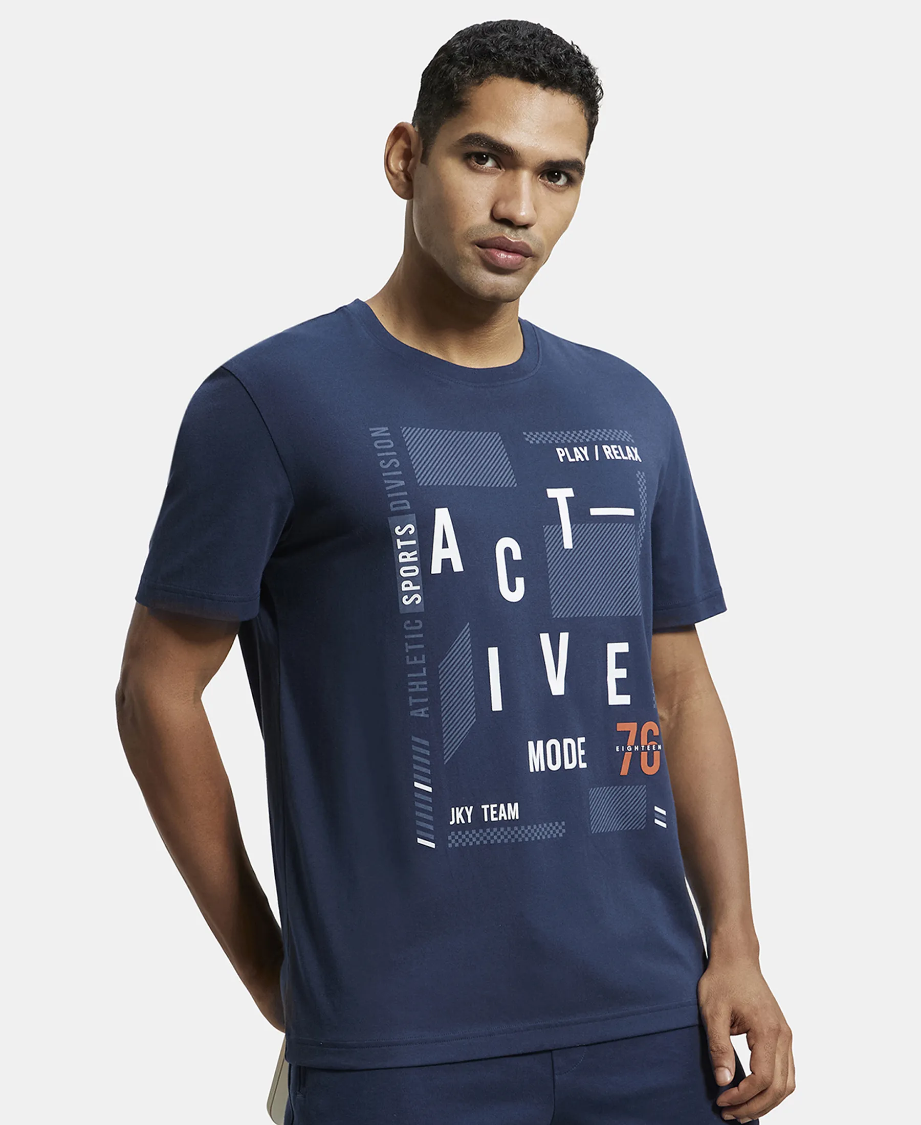 Super Combed Cotton Rich Graphic Printed Round Neck Half Sleeve T-Shirt - Navy - Image 5