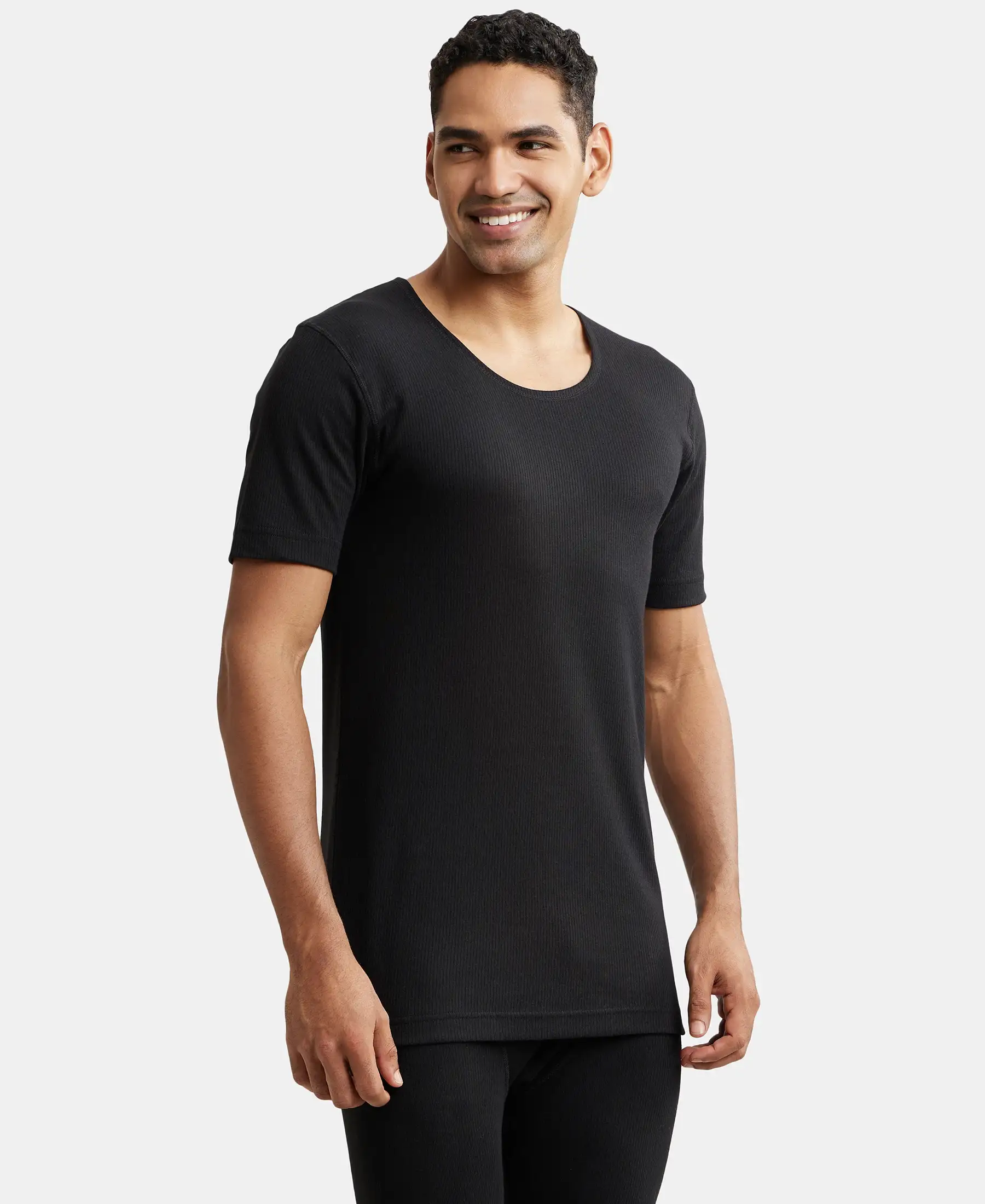 Extra Warmth Super Combed Cotton Rich Half Sleeved Thermal Undershirt with StayWarm Technology - Black - Image 2