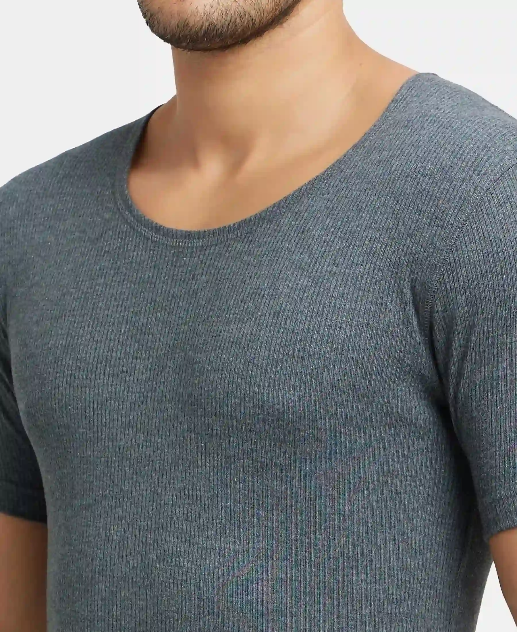 Extra Warmth Super Combed Cotton Rich Half Sleeved Thermal Undershirt with StayWarm Technology - Charcoal Melange - Image 7