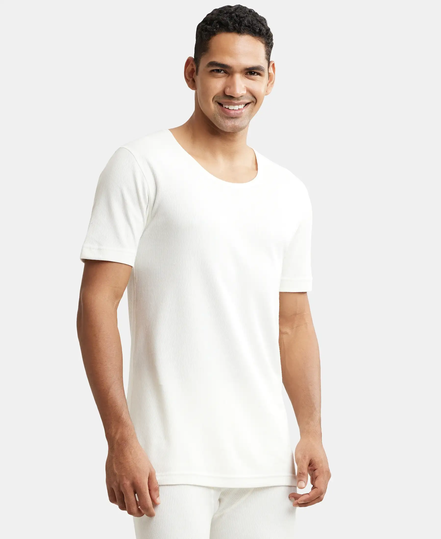 Extra Warmth Super Combed Cotton Rich Half Sleeved Thermal Undershirt with StayWarm Technology - Off White - Image 2