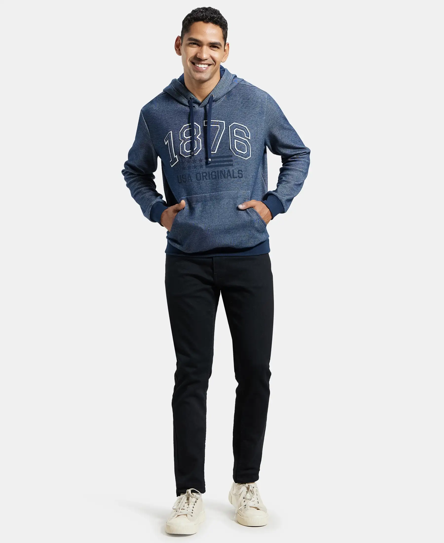 Super Combed Cotton Rich Hoodie Sweatshirt with Ribbed Cuffs - Navy - Image 4