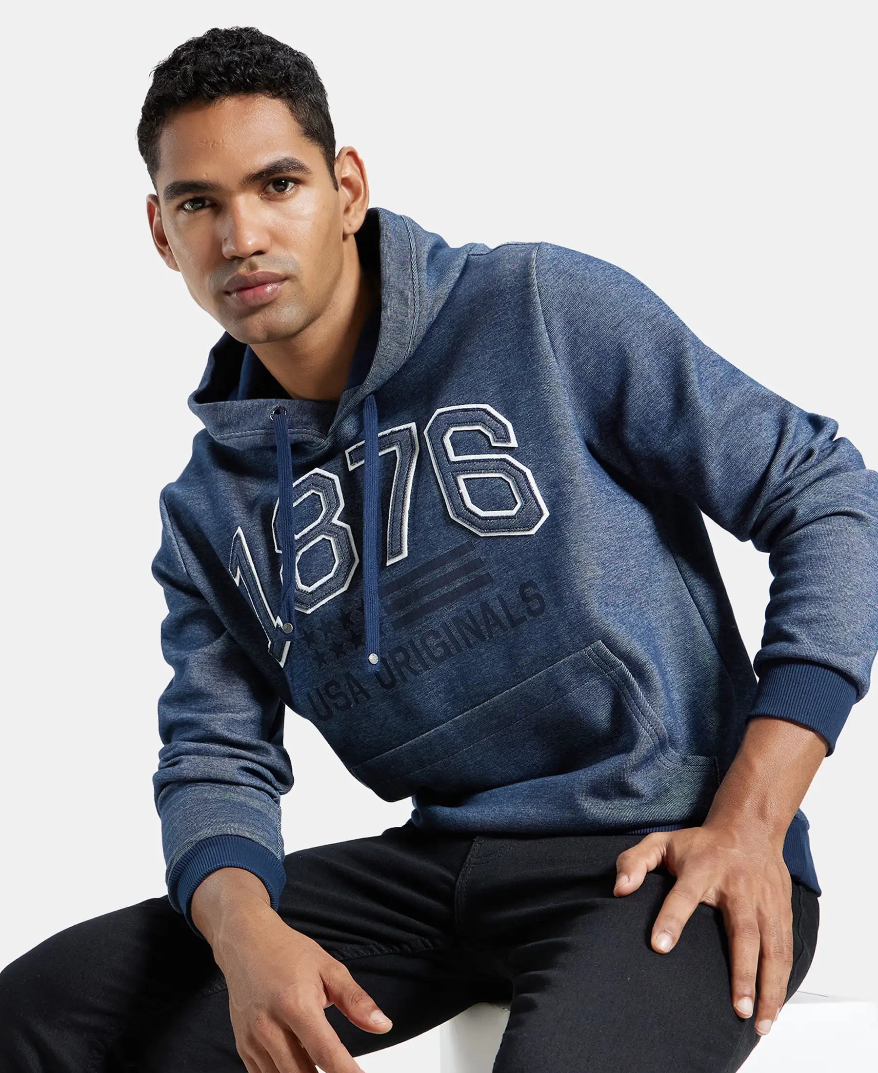 Super Combed Cotton Rich Hoodie Sweatshirt with Ribbed Cuffs - Navy - Image 5