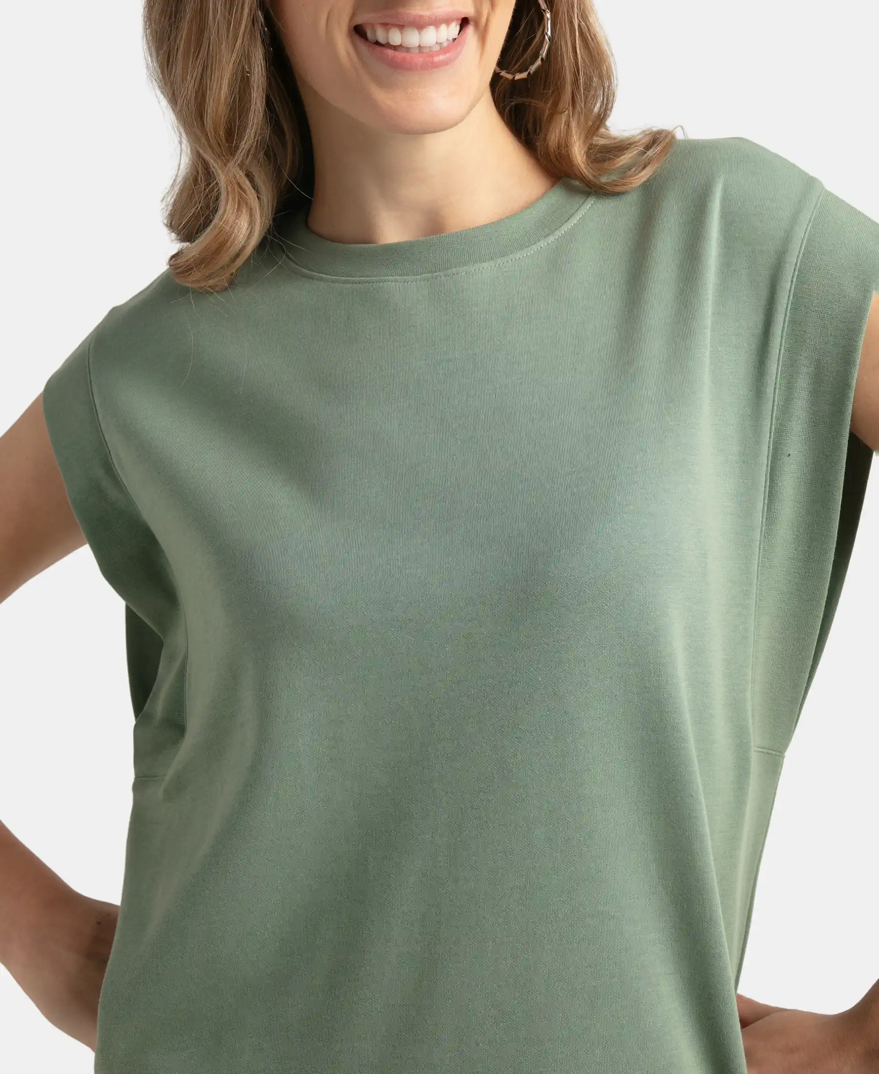Super Combed Cotton Rich Hybrid Tank Top with Ribbed Sleeves - Lily Pad - Image 7