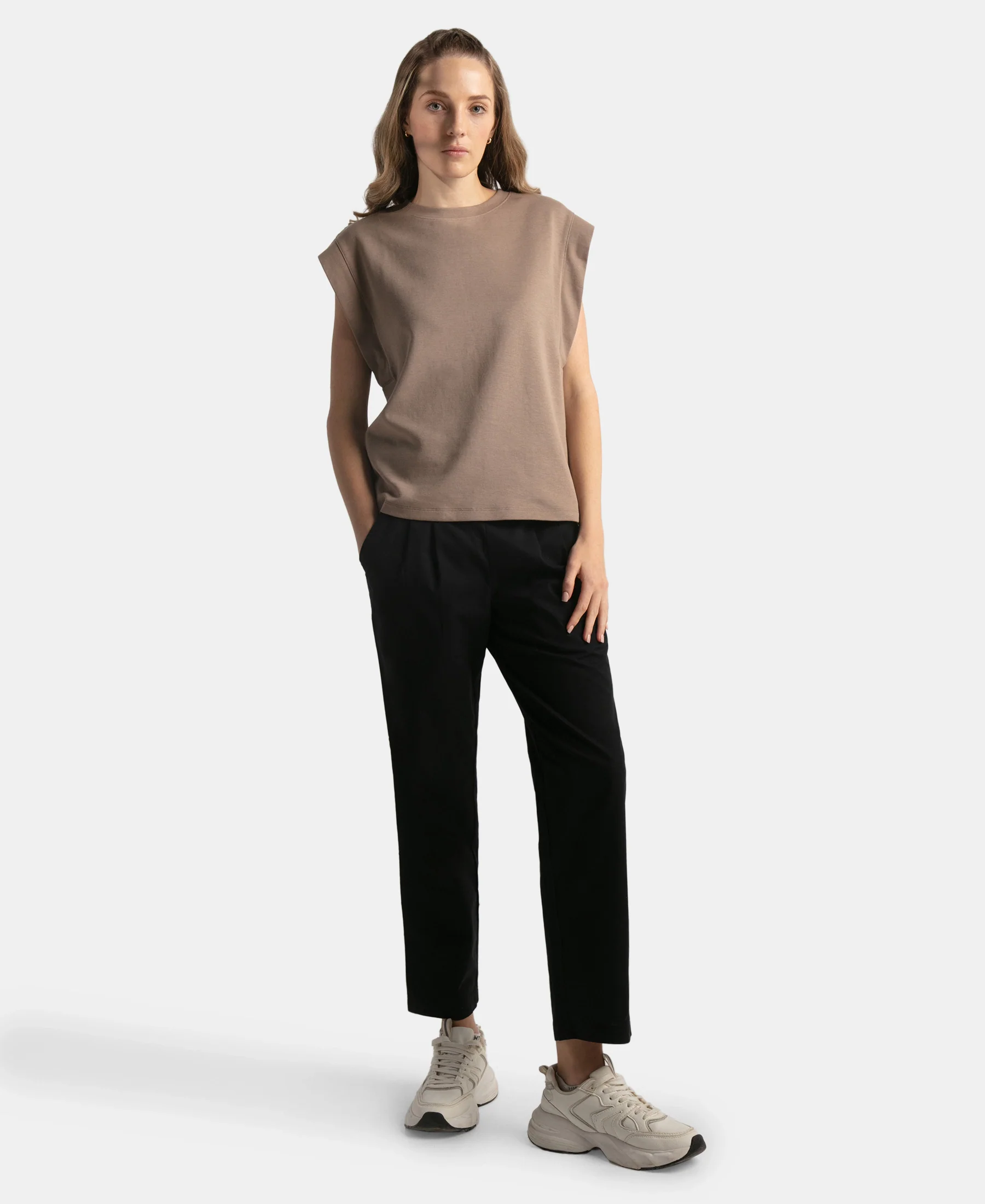 Super Combed Cotton Rich Hybrid Tank Top with Ribbed Sleeves - Taupe Grey - Image 3