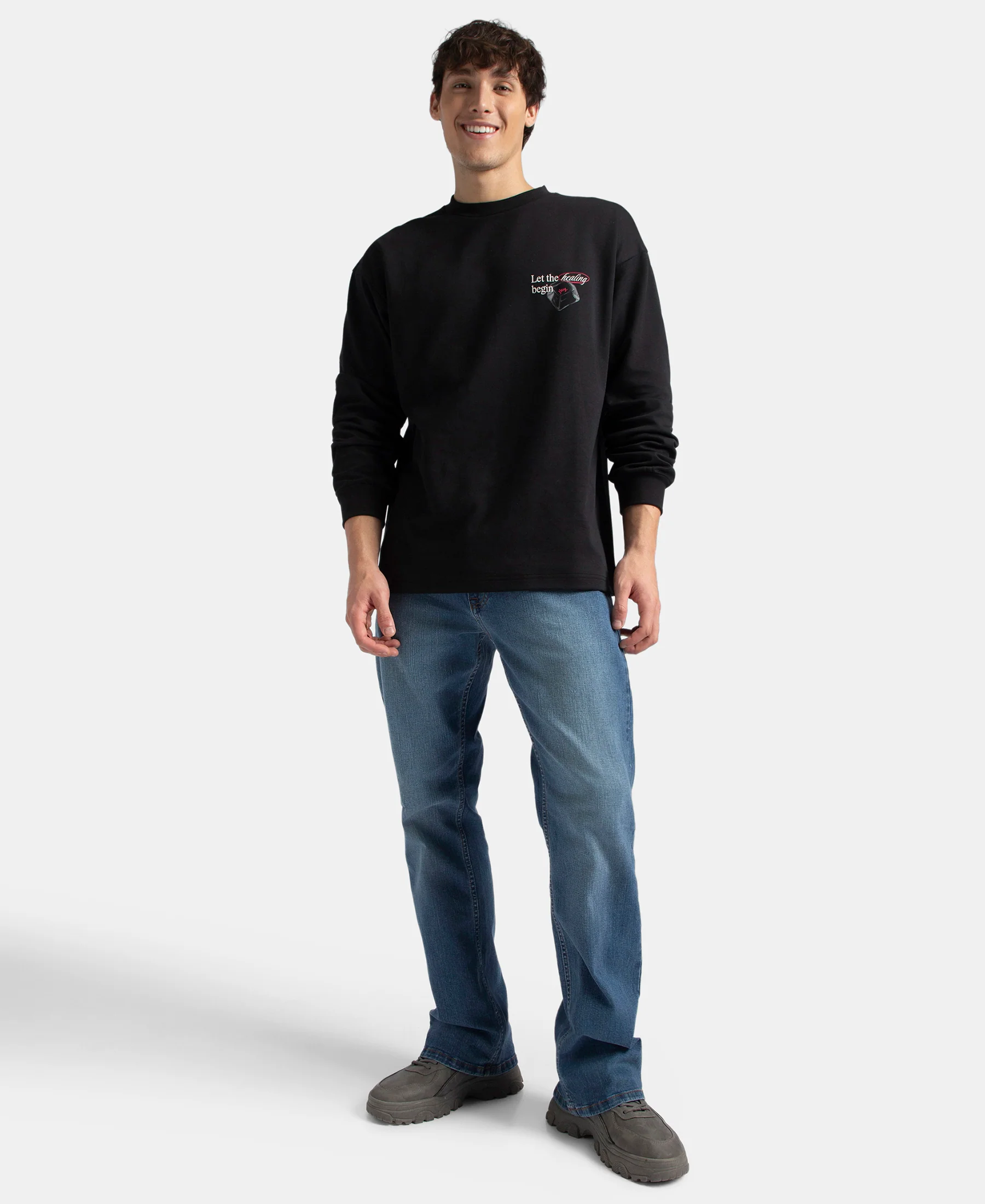 Super Combed Cotton Rich Oversized Fit Graphic Printed Full Sleeve T-Shirt - Deep Black - Image 4