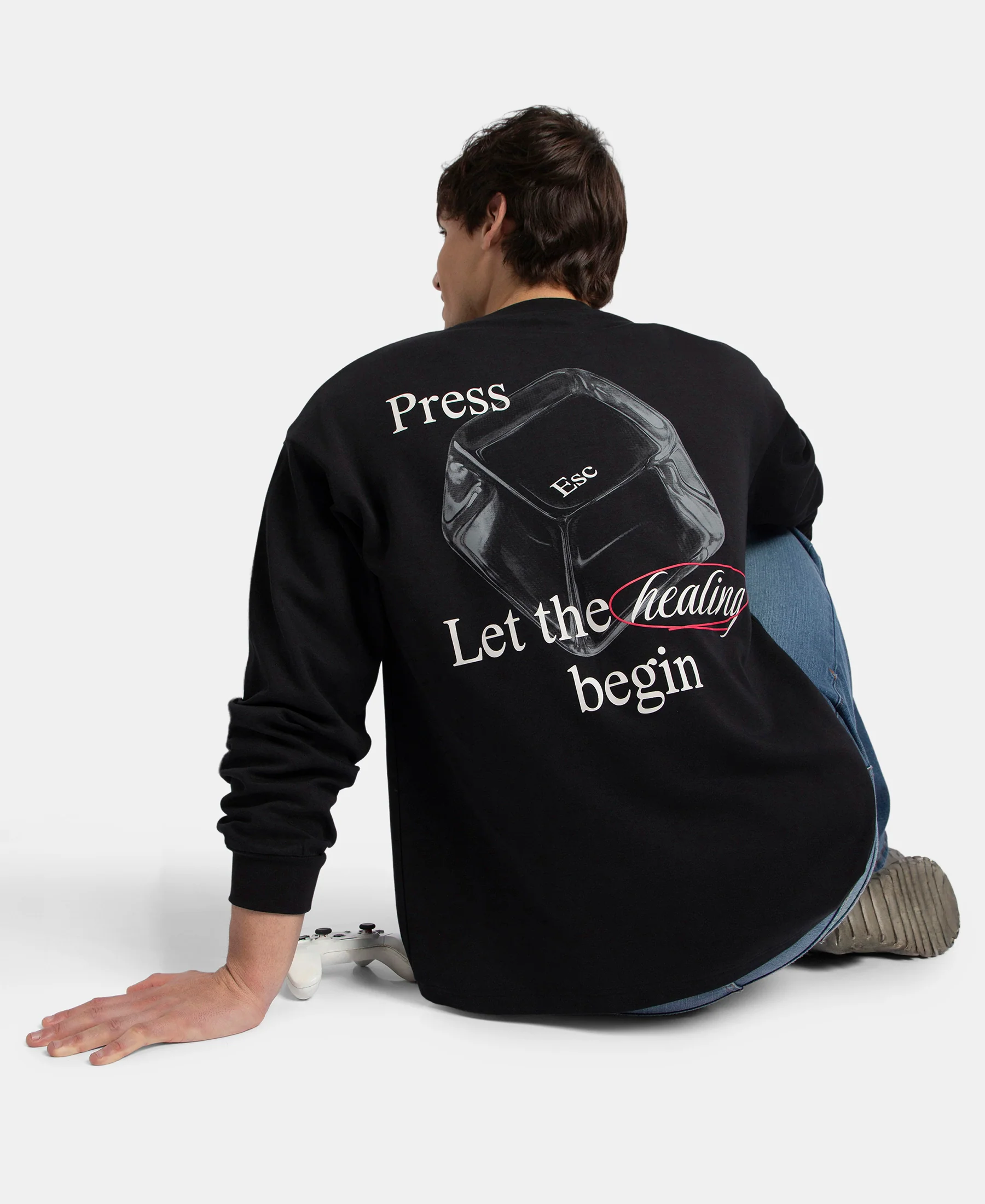 Super Combed Cotton Rich Oversized Fit Graphic Printed Full Sleeve T-Shirt - Deep Black - Image 5