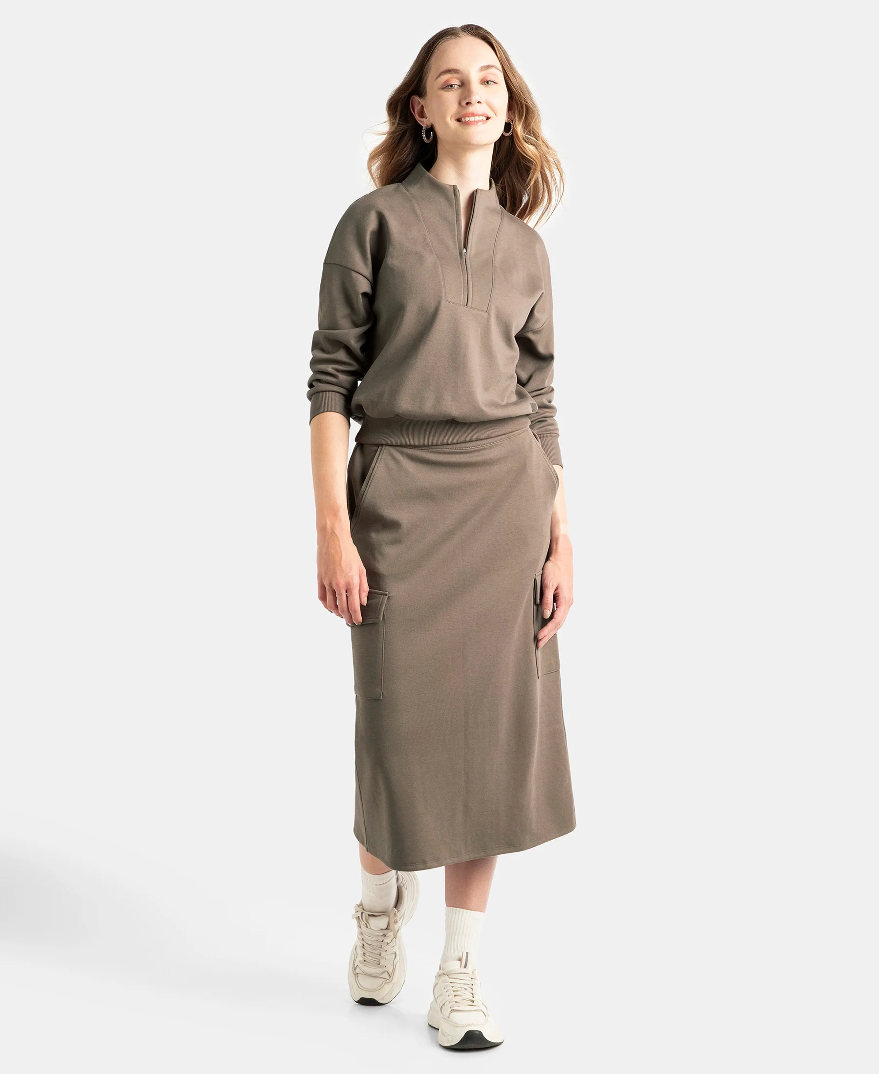 Super Combed Cotton Rich Pique Fabric Cargo Skirt with Inner Drawstrings - Dark Khaki - Image 4