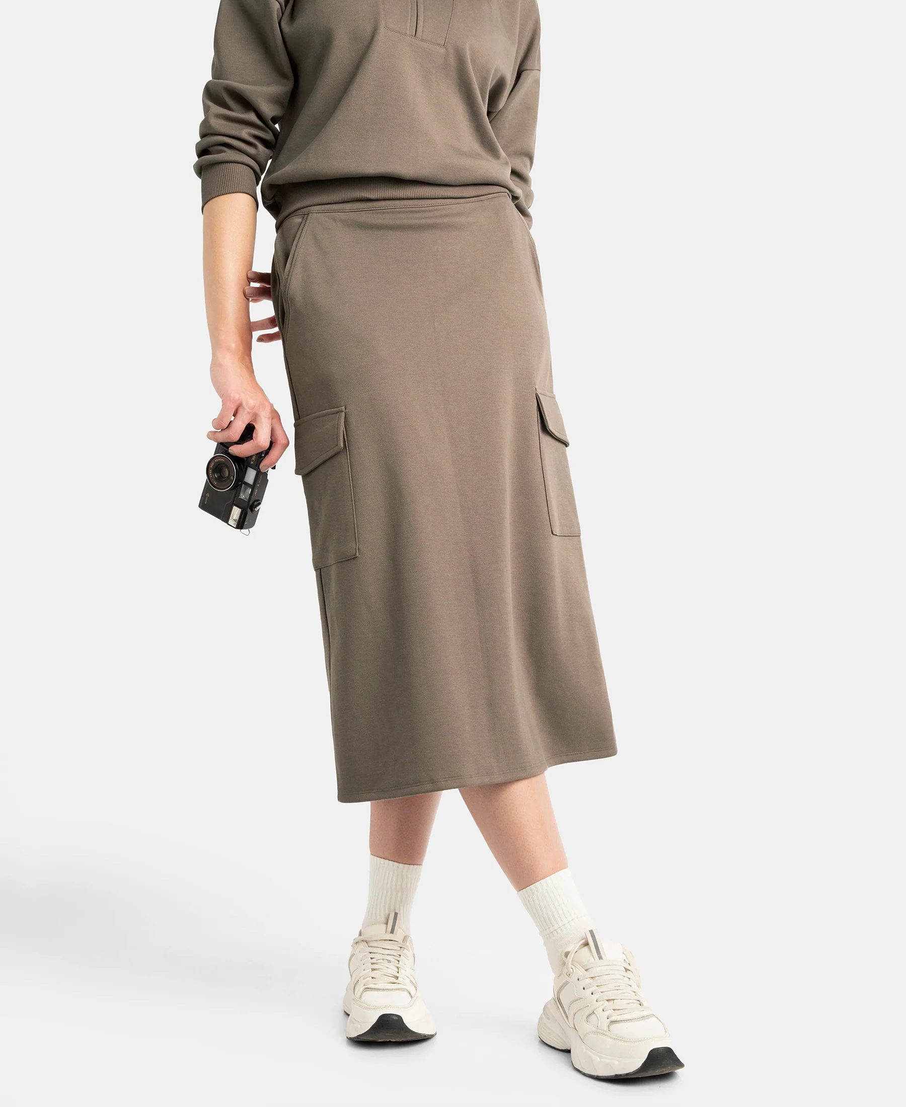 Super Combed Cotton Rich Pique Fabric Cargo Skirt with Inner Drawstrings - Dark Khaki - Image 5