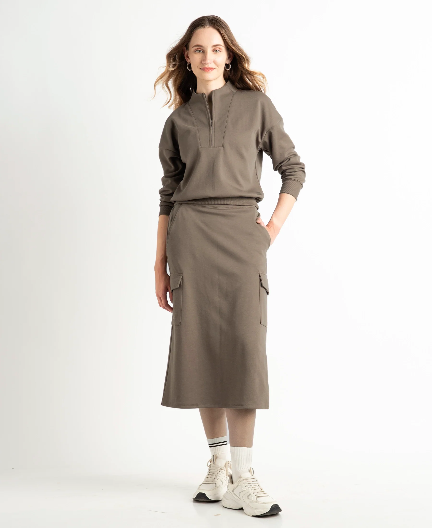 Super Combed Cotton Rich Pique Fabric Cargo Skirt with Inner Drawstrings - Dark Khaki - Image 6