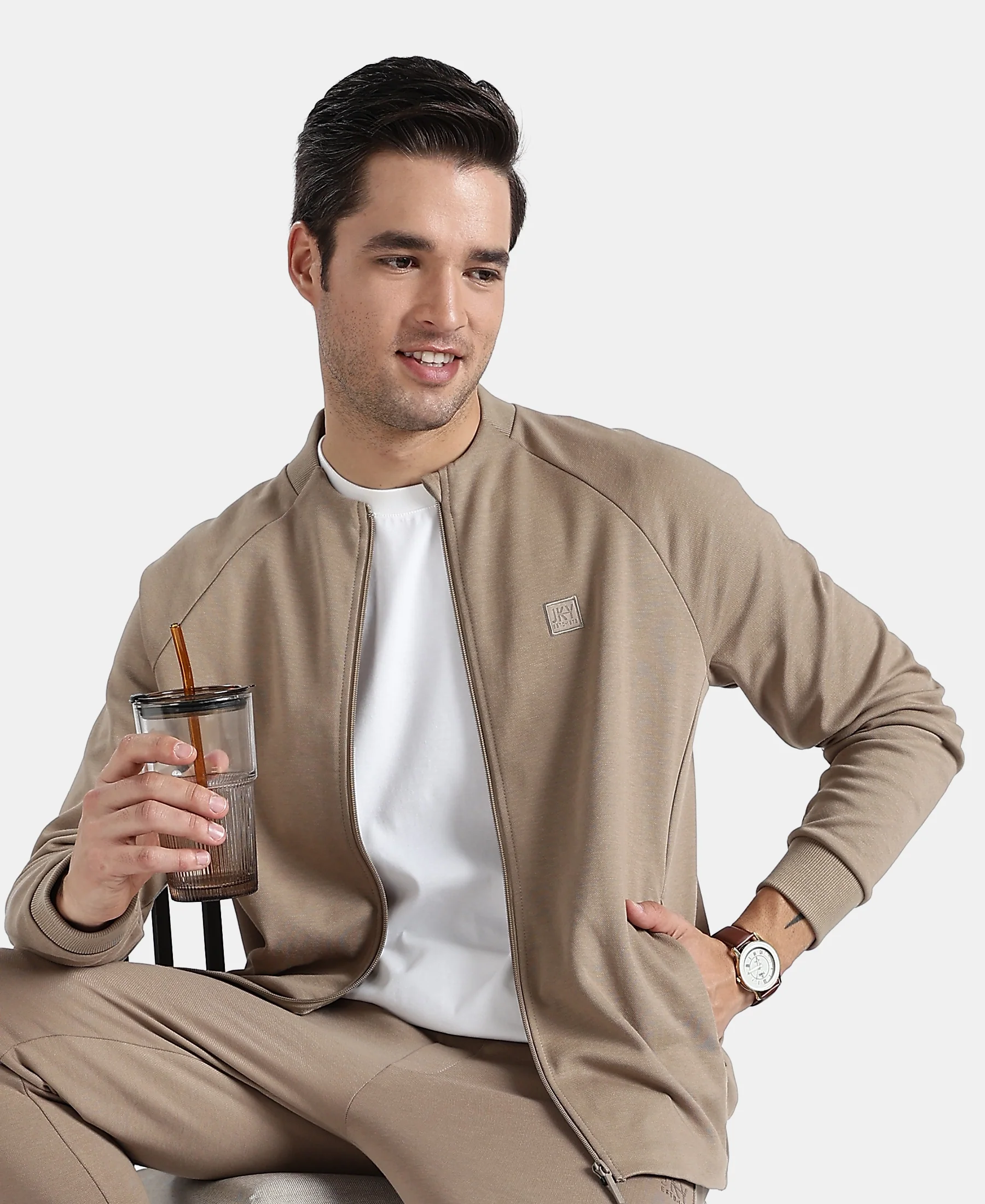 Super Combed Cotton Rich Pique Fabric Jacket with Ribbed Cuffs - Desert Taupe - Image 5