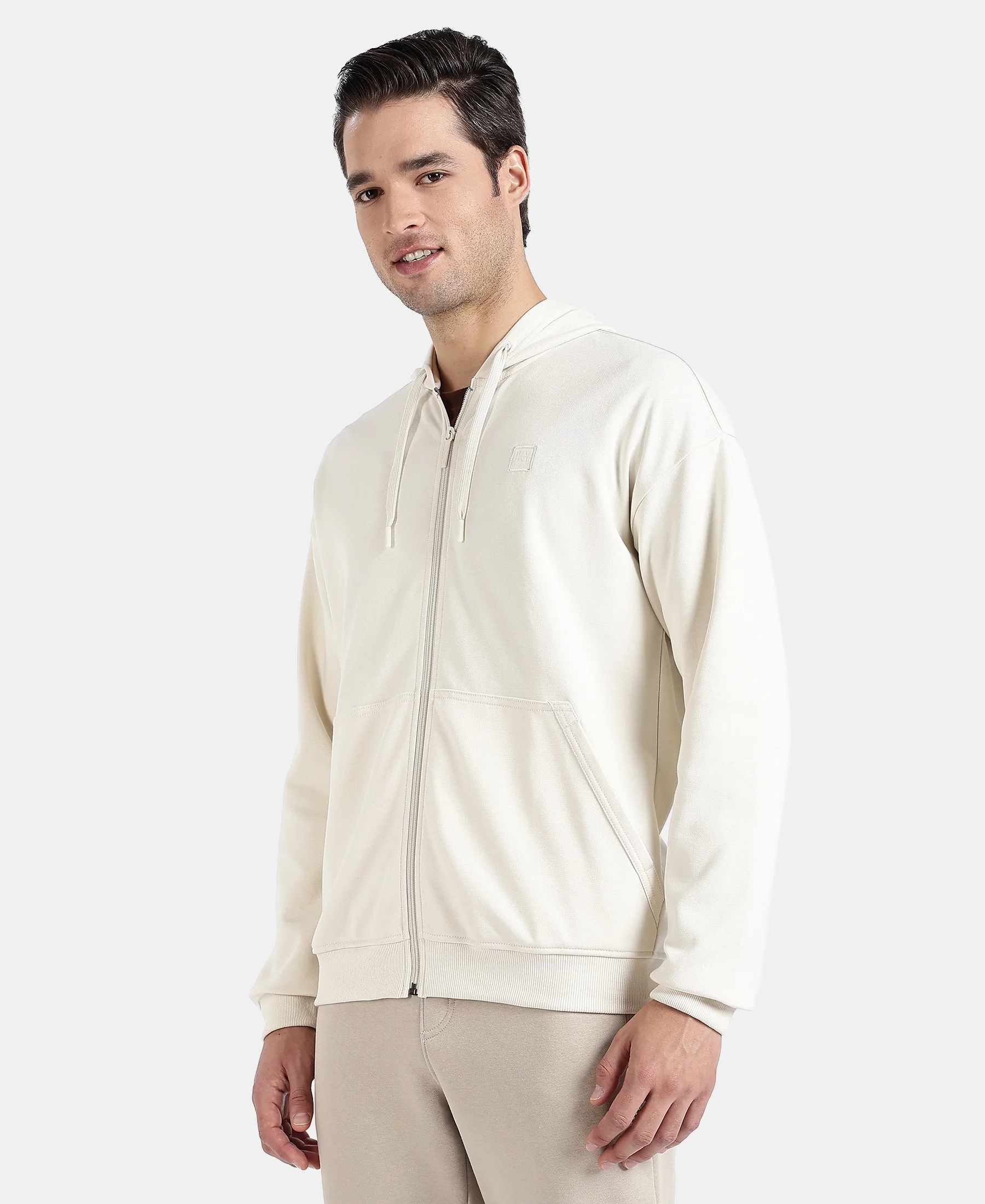 Super Combed Cotton Rich Pique Hoodie Jacket with Ribbed Cuffs - Birch - Image 2
