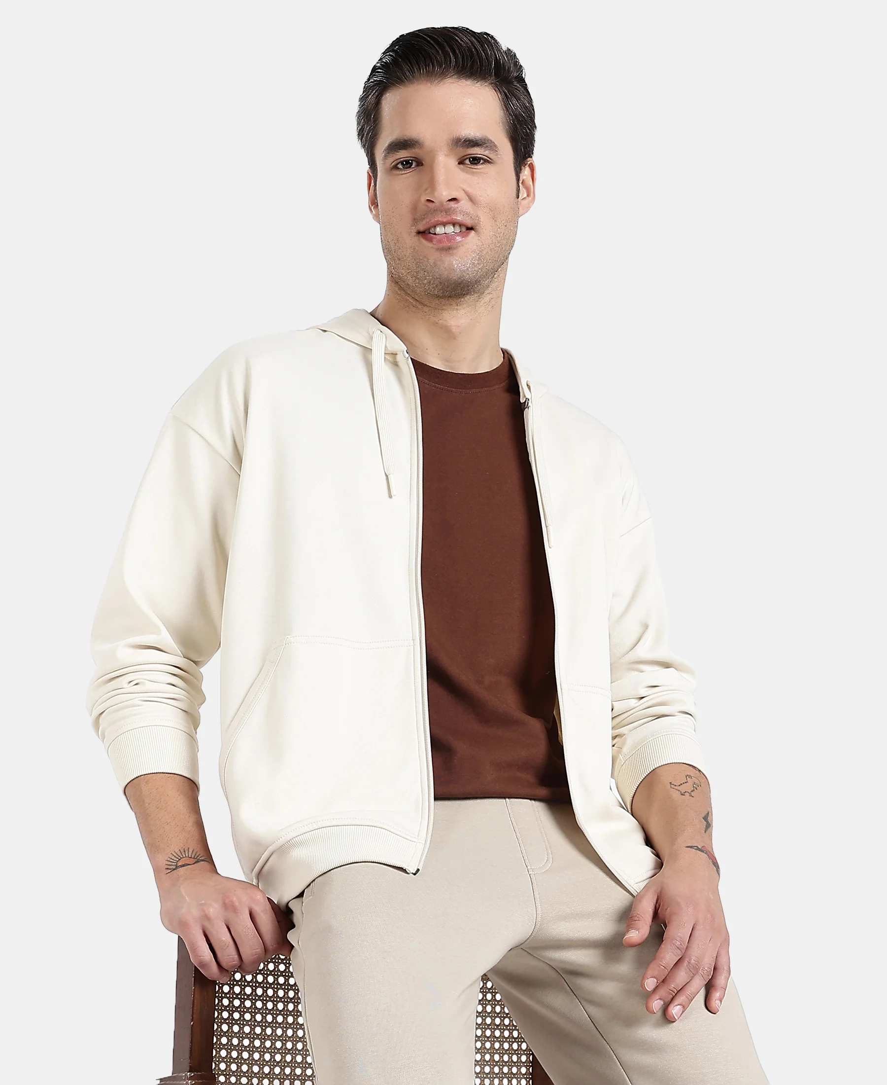 Super Combed Cotton Rich Pique Hoodie Jacket with Ribbed Cuffs - Birch - Image 6