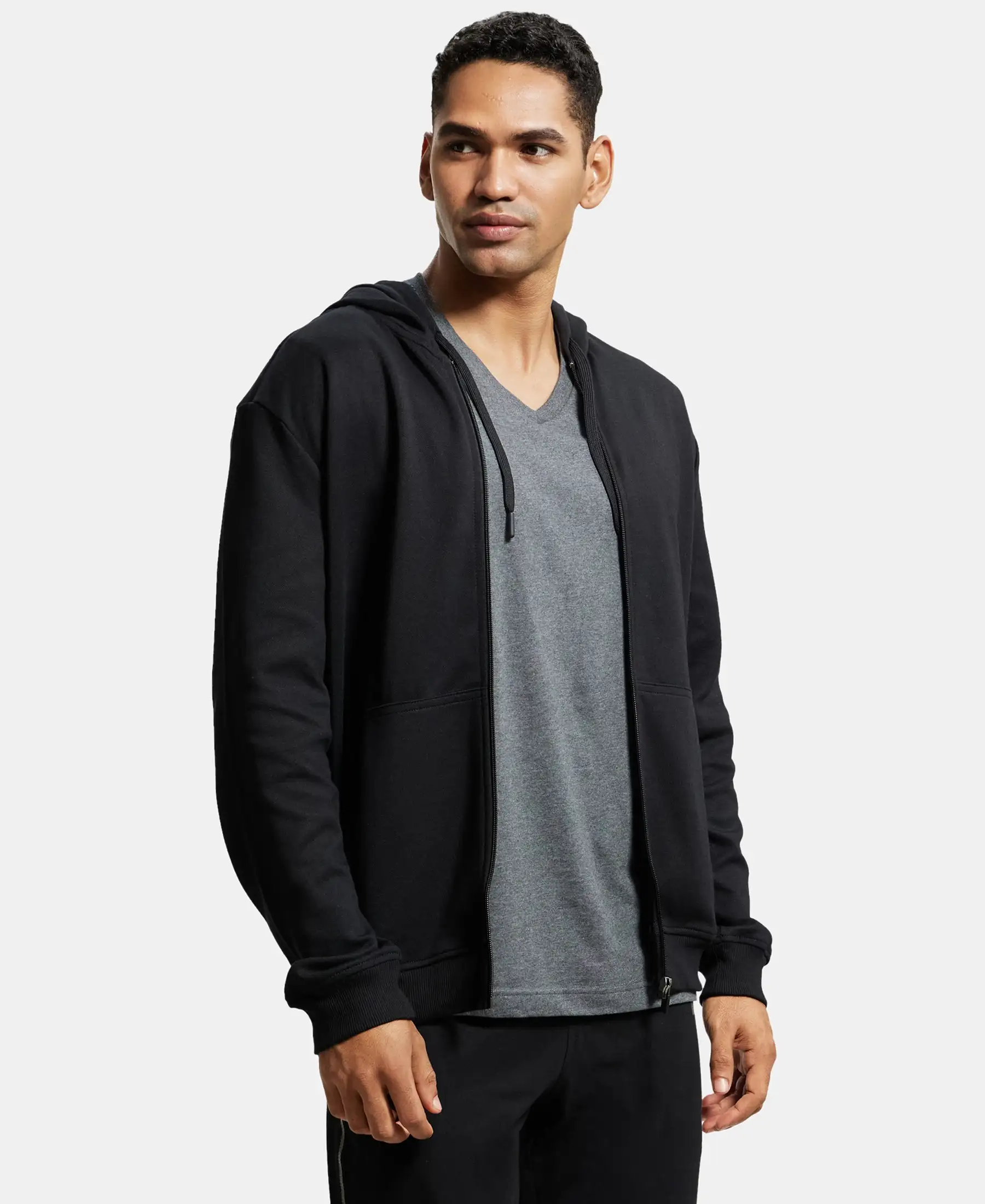 Super Combed Cotton Rich Pique Hoodie Jacket with Ribbed Cuffs - Black - Image 2