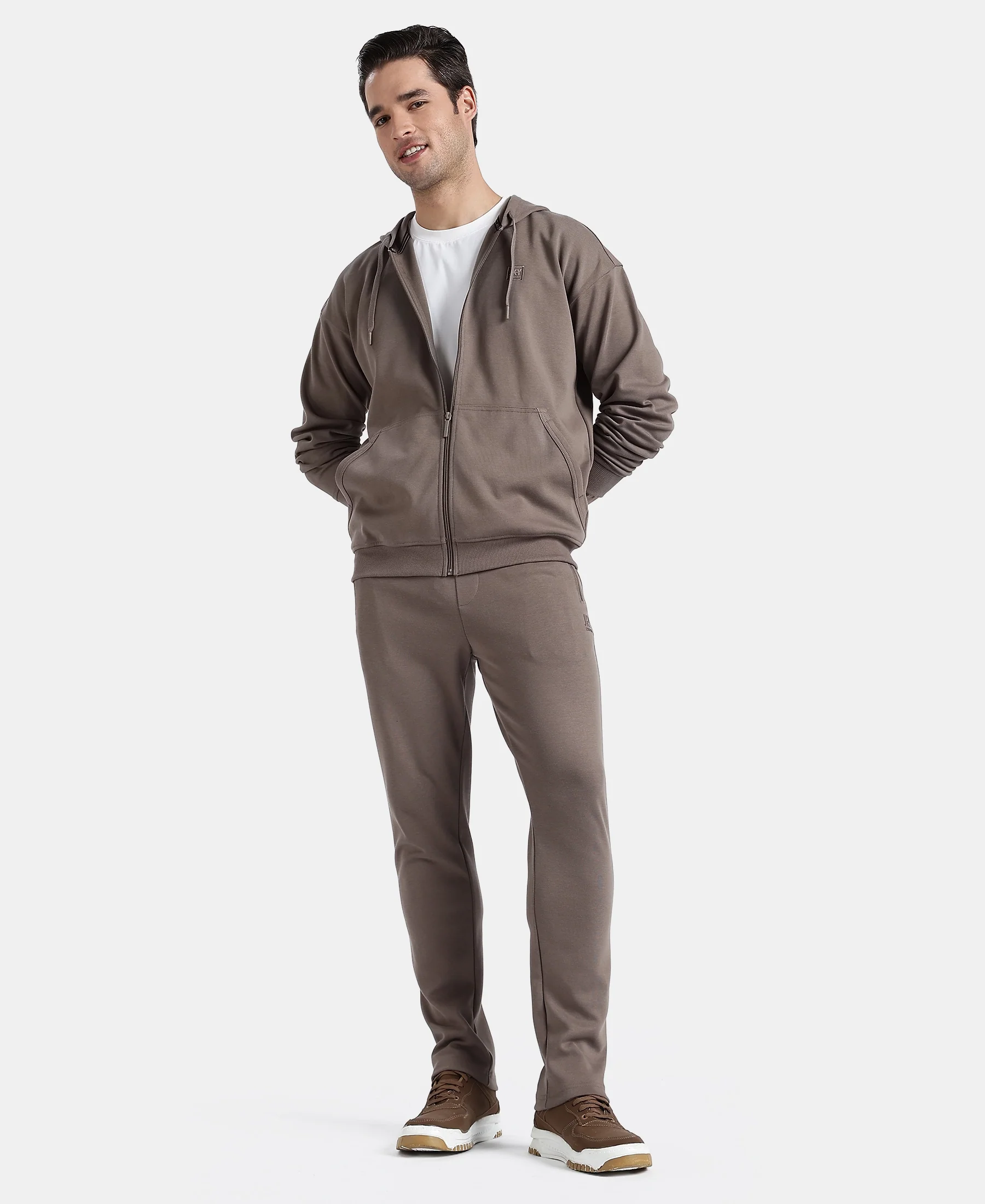 Super Combed Cotton Rich Pique Hoodie Jacket with Ribbed Cuffs - Dark Khaki - Image 4