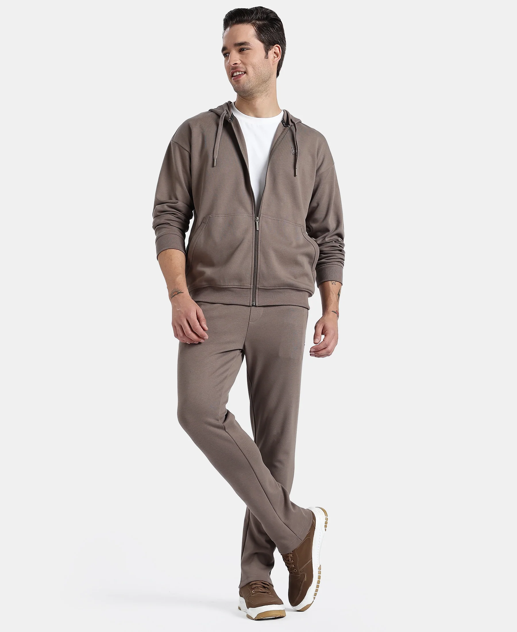 Super Combed Cotton Rich Pique Hoodie Jacket with Ribbed Cuffs - Dark Khaki - Image 6