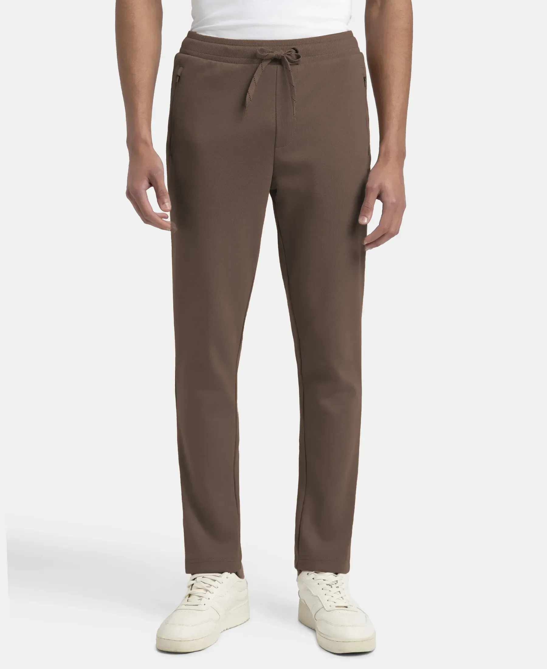 Super Combed Cotton Rich Pique Slim Fit Trackpant with Side Zipper Pockets - Dark Khaki