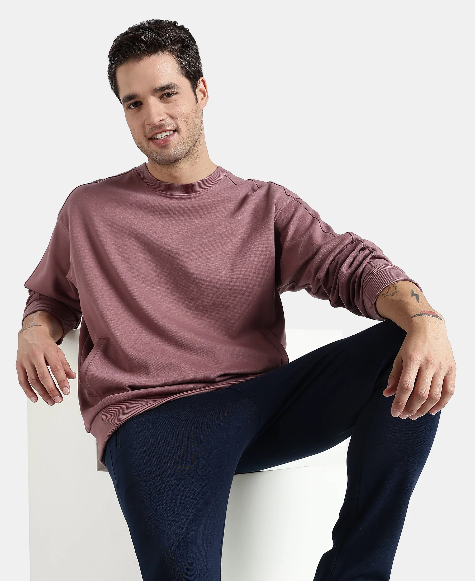 Super Combed Cotton Rich Pique Sweatshirt With Ribbed Cuffs - Rose Taupe - Image 6