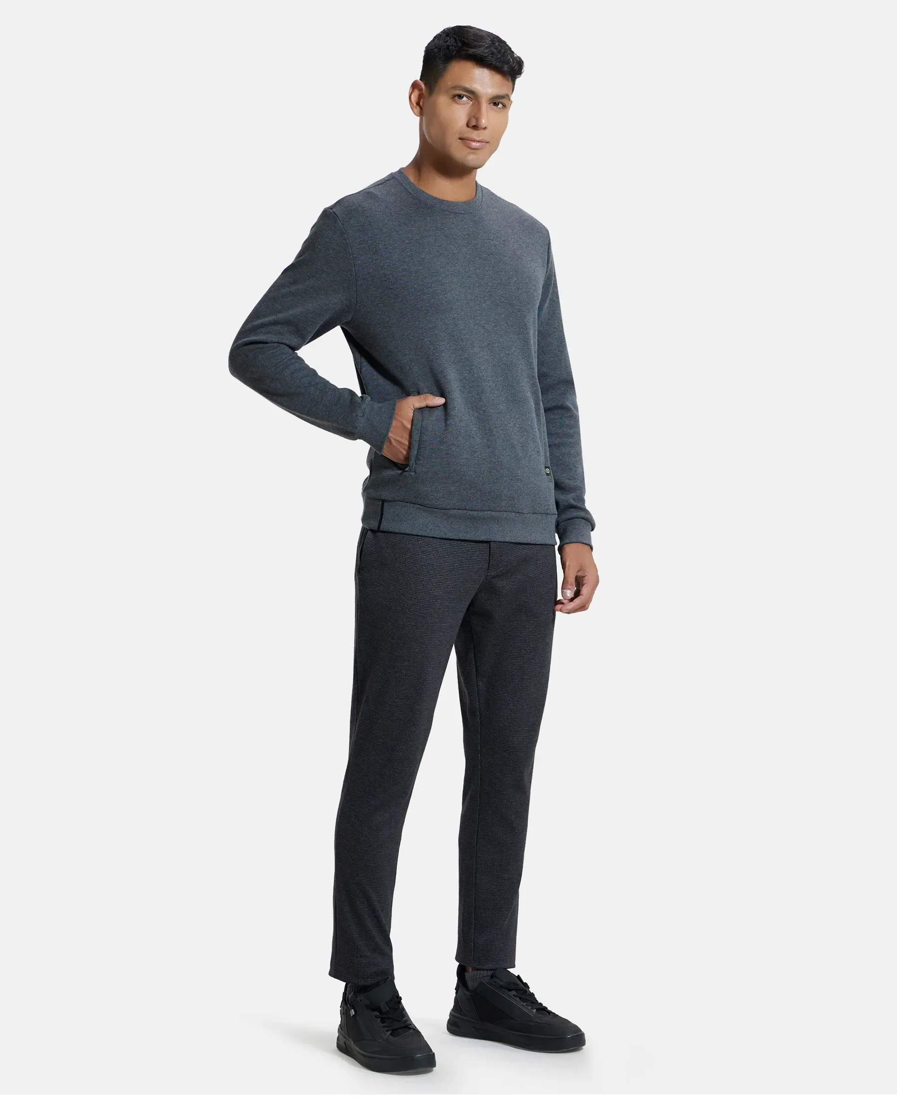 Super Combed Cotton Rich Plated Sweatshirt with Zipper Pockets - Charcoal Melange - Image 4