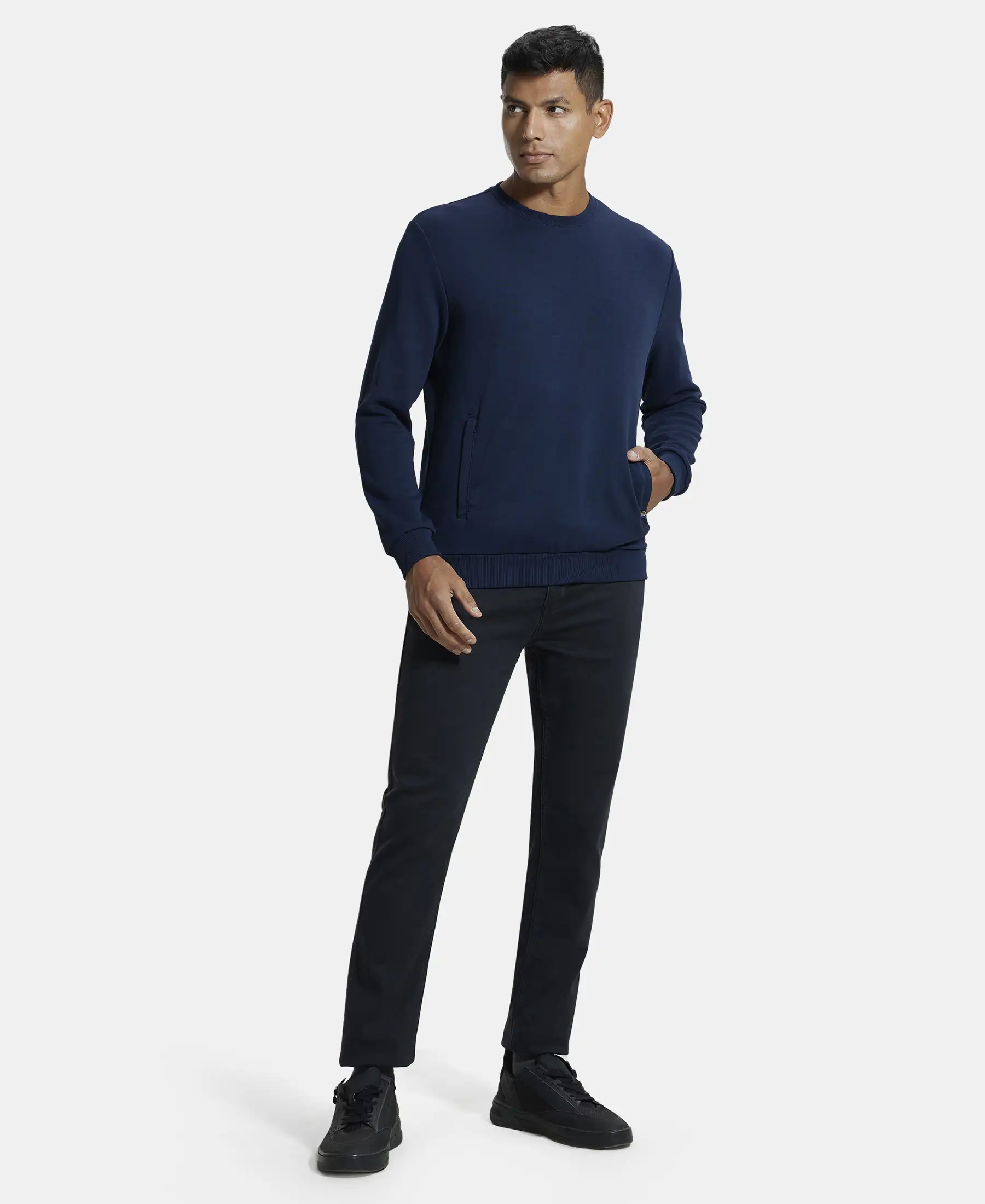 Super Combed Cotton Rich Plated Sweatshirt with Zipper Pockets - Navy - Image 4