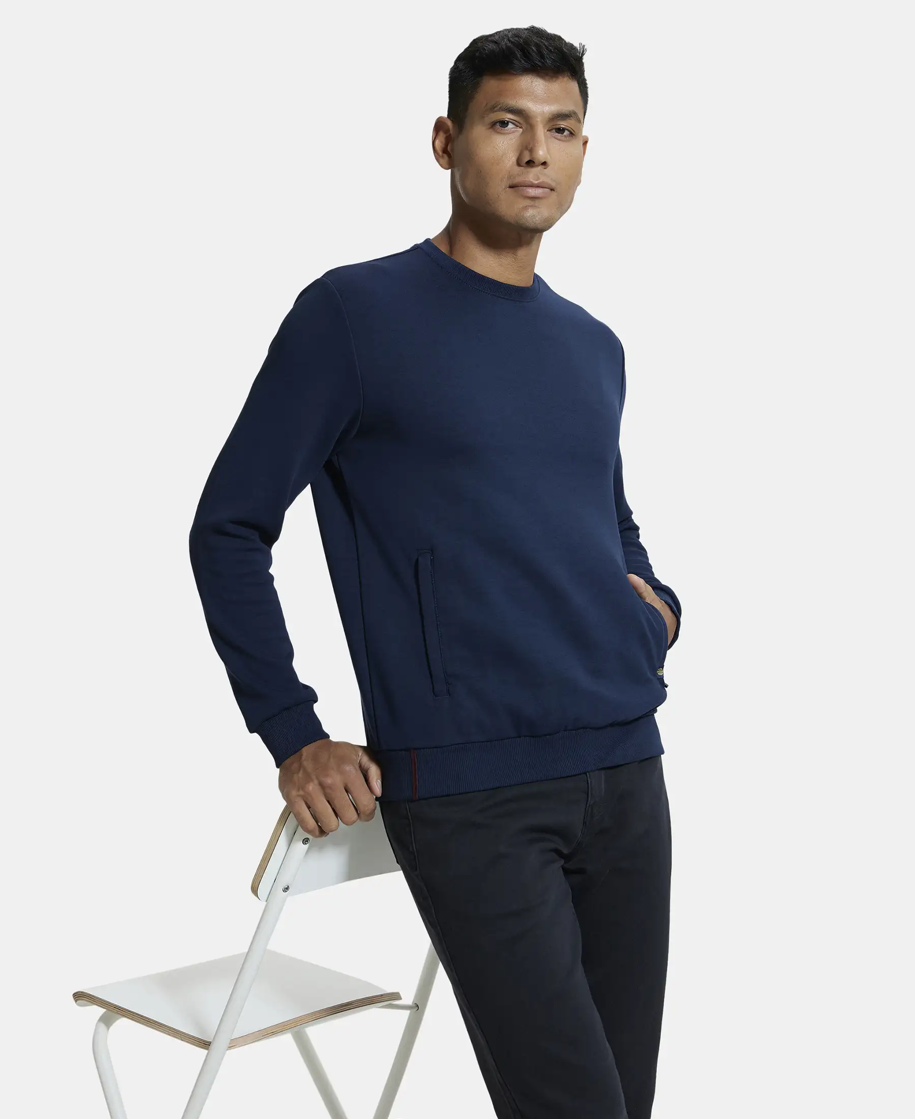 Super Combed Cotton Rich Plated Sweatshirt with Zipper Pockets - Navy - Image 5
