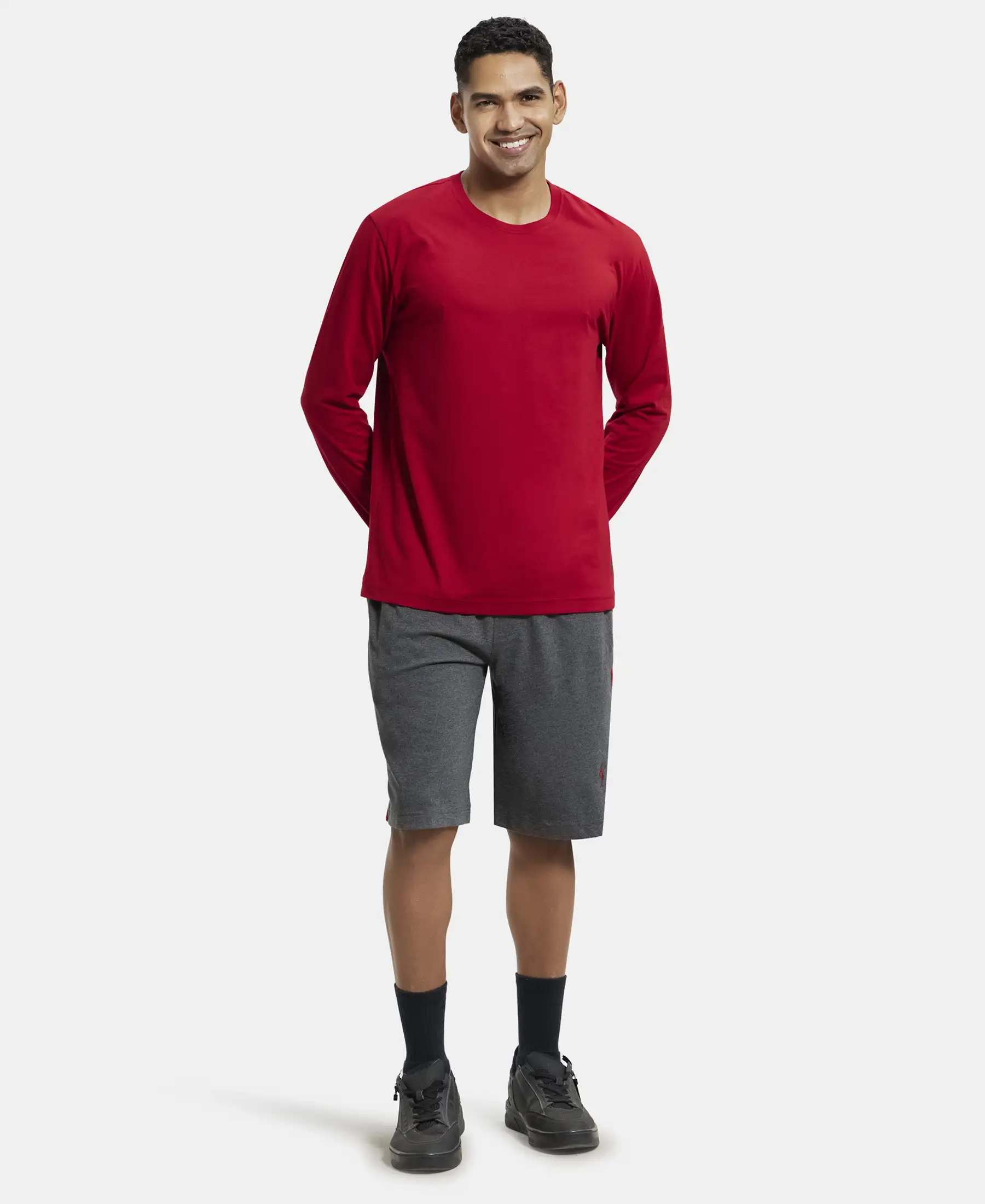 Super Combed Cotton Rich Regular Fit Shorts with Side Pockets - Charcoal Melange & Shanghai Red - Image 4