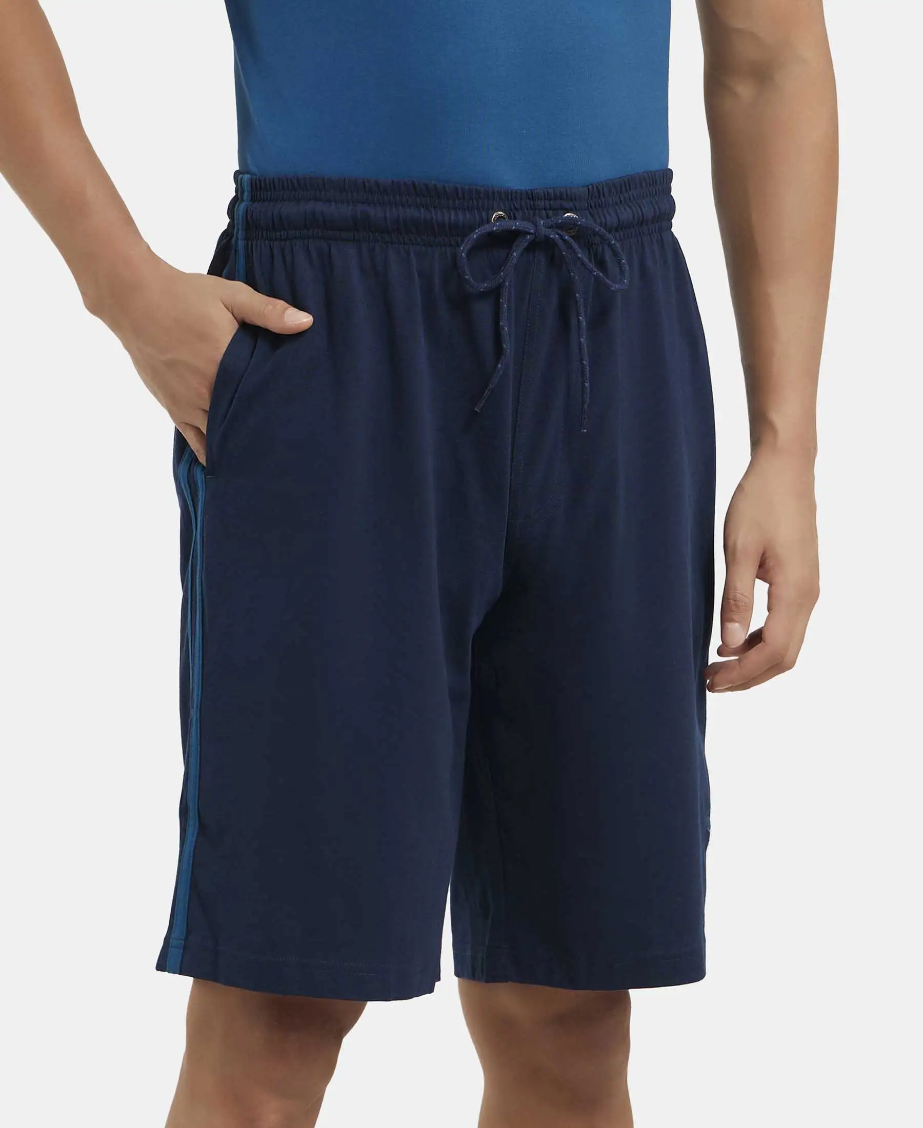 Super Combed Cotton Rich Regular Fit Shorts with Side Pockets - Navy & Seaport Teal - Image 2