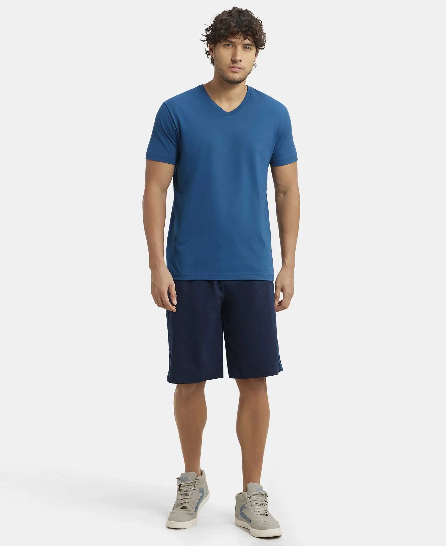 Super Combed Cotton Rich Regular Fit Shorts with Side Pockets - Navy & Seaport Teal - Image 4