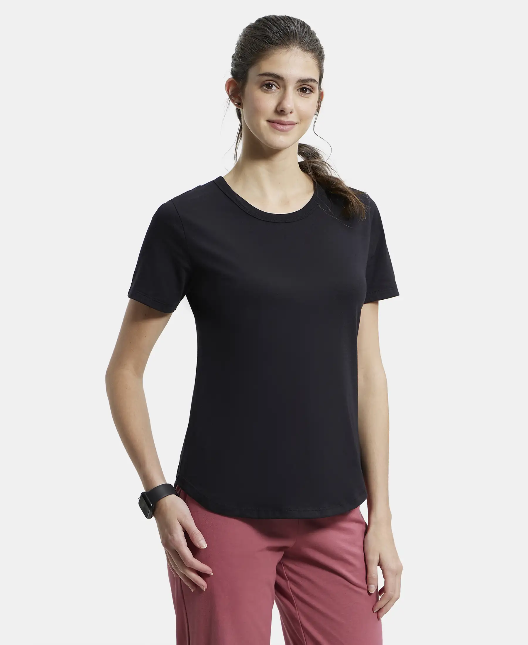 Super Combed Cotton Rich Relaxed Fit Solid Curved Hem Styled Half Sleeve T-Shirt - Black - Image 2